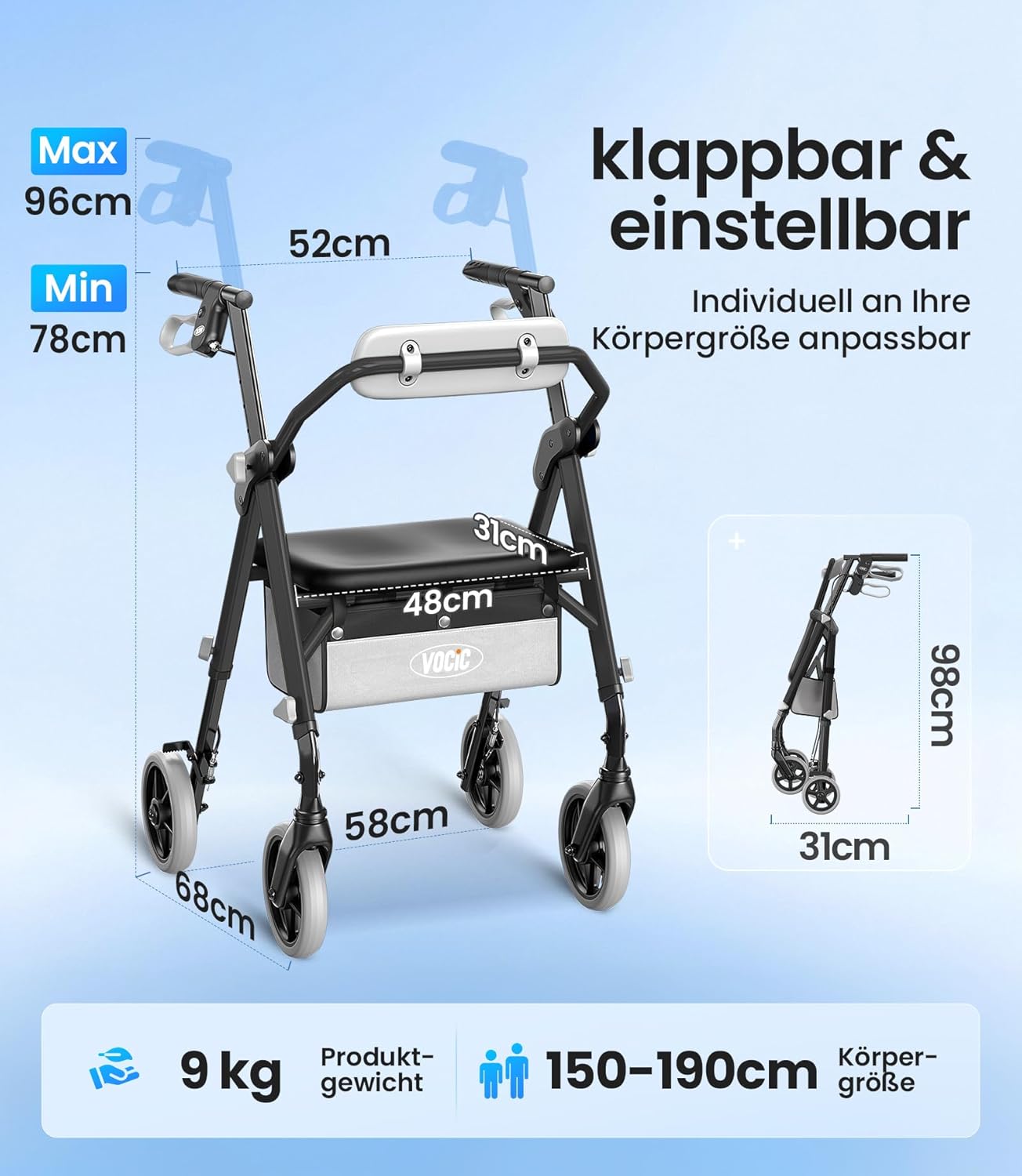 Thumbnail 6 de VOCIC Z11 Rollator – faltbar, leicht und stabil mit Sitz (Tragkraft 172 kg)