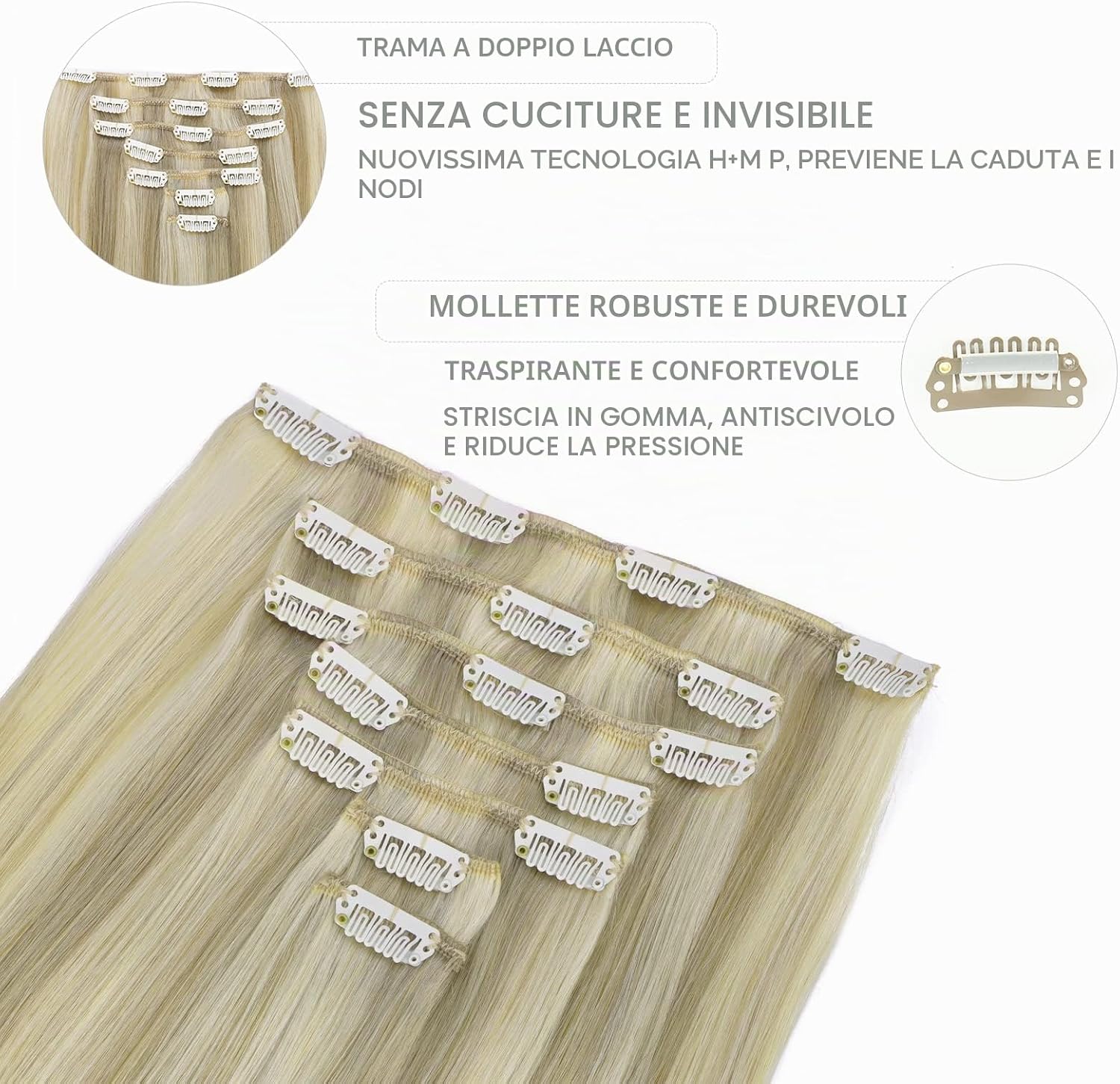 Detalle de WENNALIFE Extension Capelli Veri Clip – 7 pezzi, 35 cm, 120 g, color cenere biondo platino