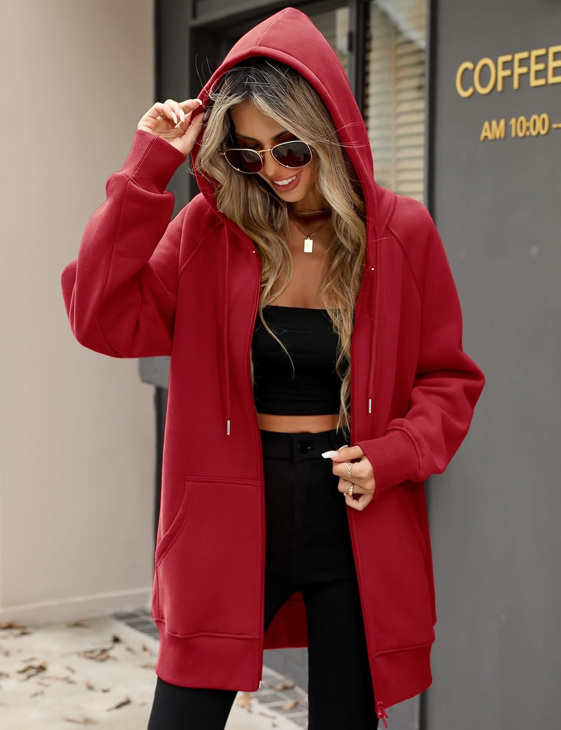Detalle de Vancavoo felpa donna con zip e cappuccio, giacca in cotone con manica lunga