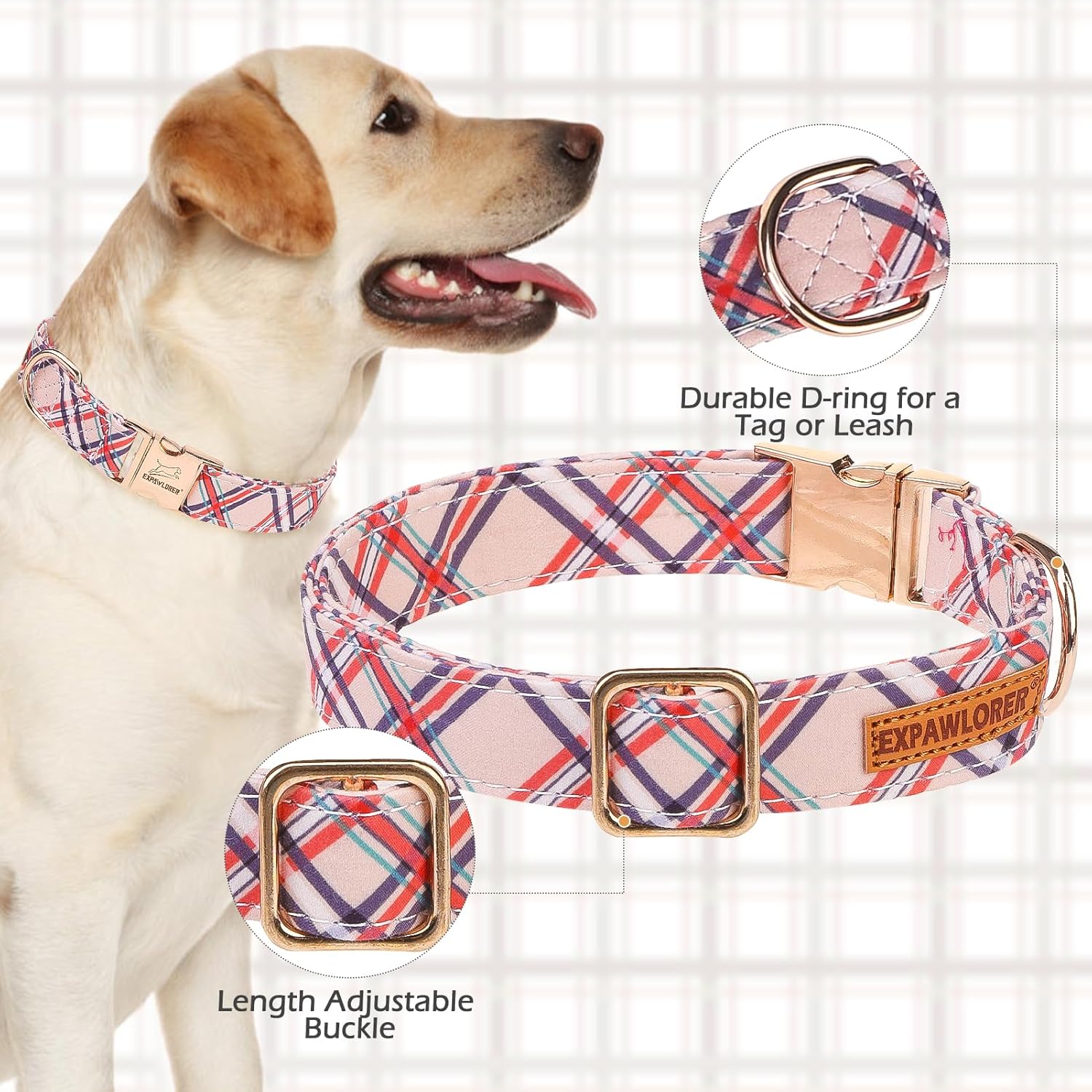 Thumbnail 2 de EXPAWLORER Cute Dog Collar (Plaid M) with Removable Bow Tie and Quick Release Metal Buckle