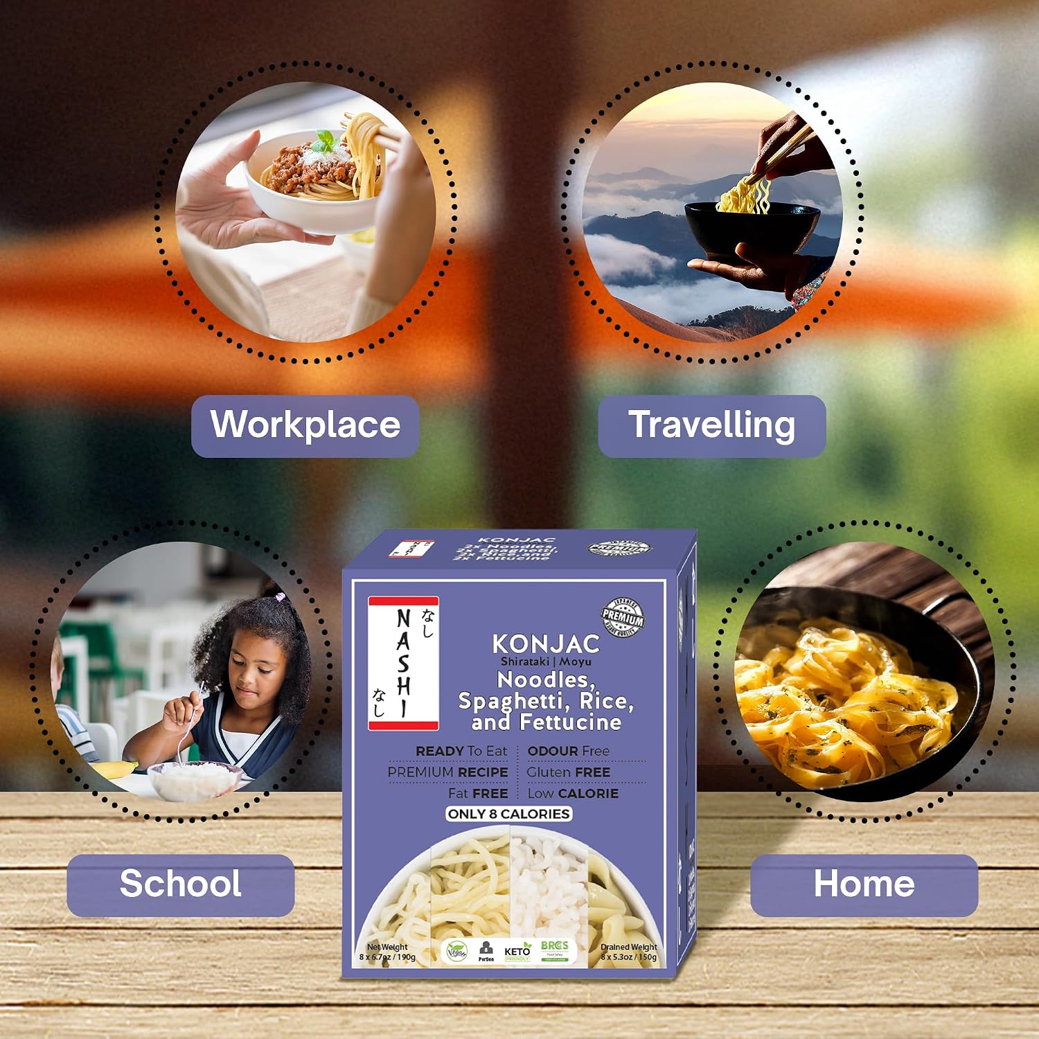 Detalle 2 de Nashi Konjac Shirataki Mix Pack – 8x190g, geruchsfrei, fettfrei, kohlenhydratarm und vegan