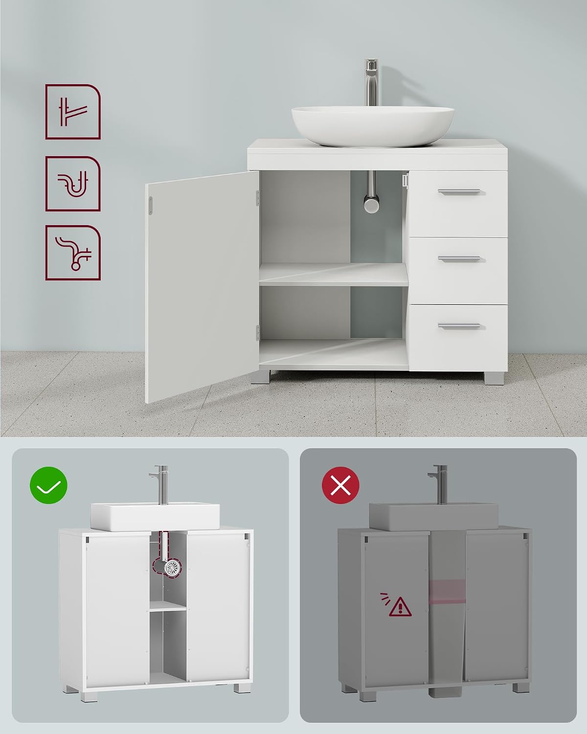 Detalle de VASAGLE BBK513WB01 Under-Sink Bathroom Cabinet, 3 Drawers, Cloud White
