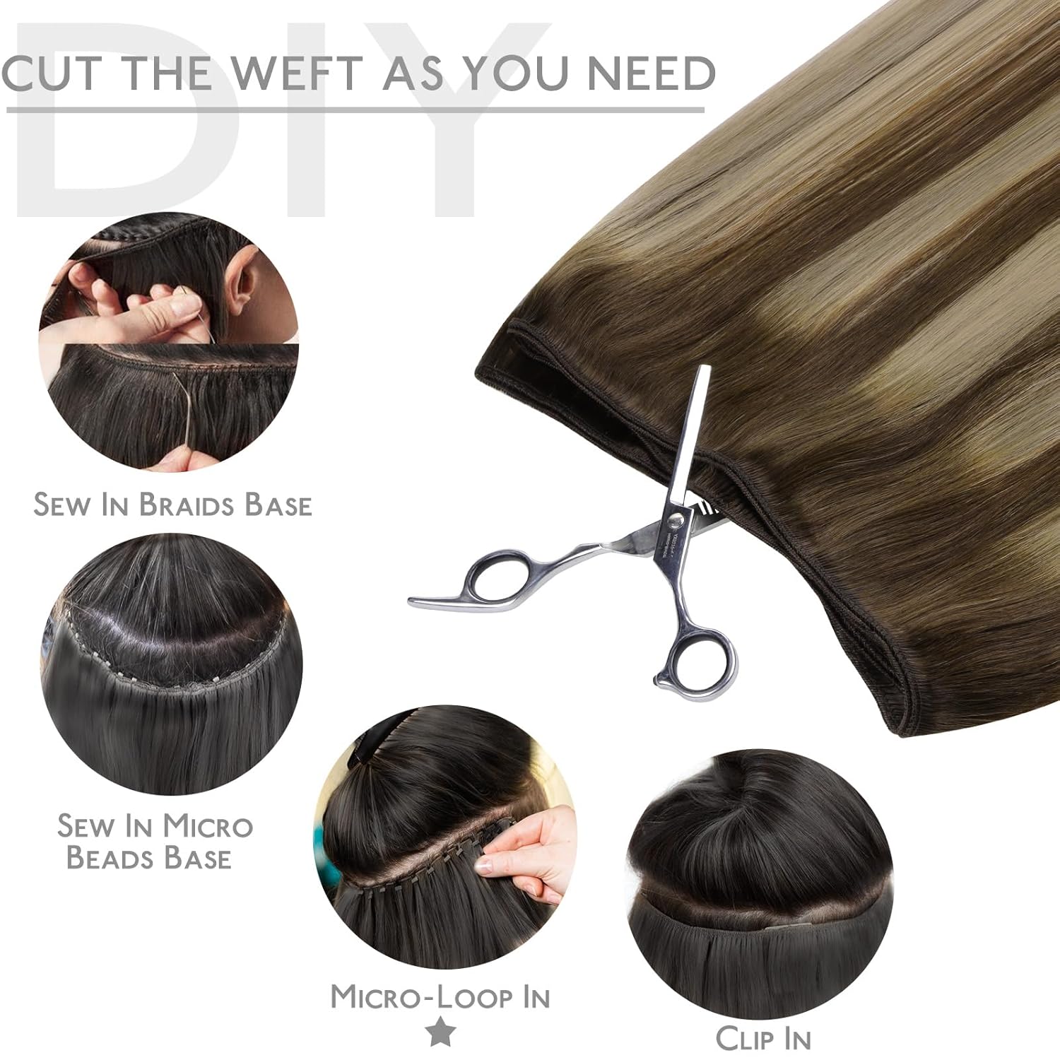 Detalle de WENNALIFE Sew in Hair Extensions 24 Inch 120g – Balayage Chocolate Brown to Honey Blonde