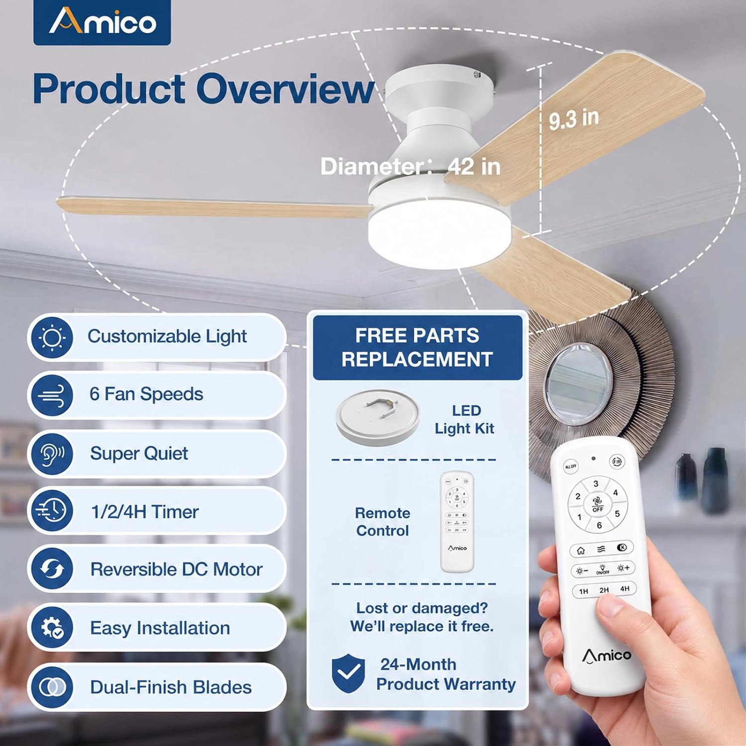 Thumbnail 2 de Amico 42-inch Low Profile Ceiling Fan 🌀