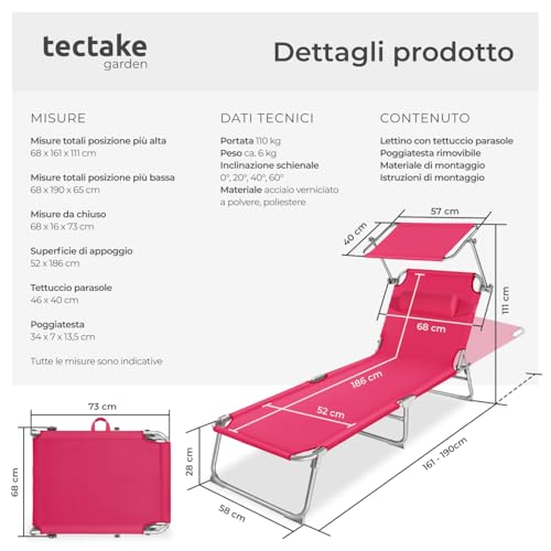 Detalle de tectake Lettino Prendisole Pieghevole 190 x 68 x 111 cm – Sedia a Sdraio con Parasole, Cuscino e Maniglia, Regolabile, Rosa
