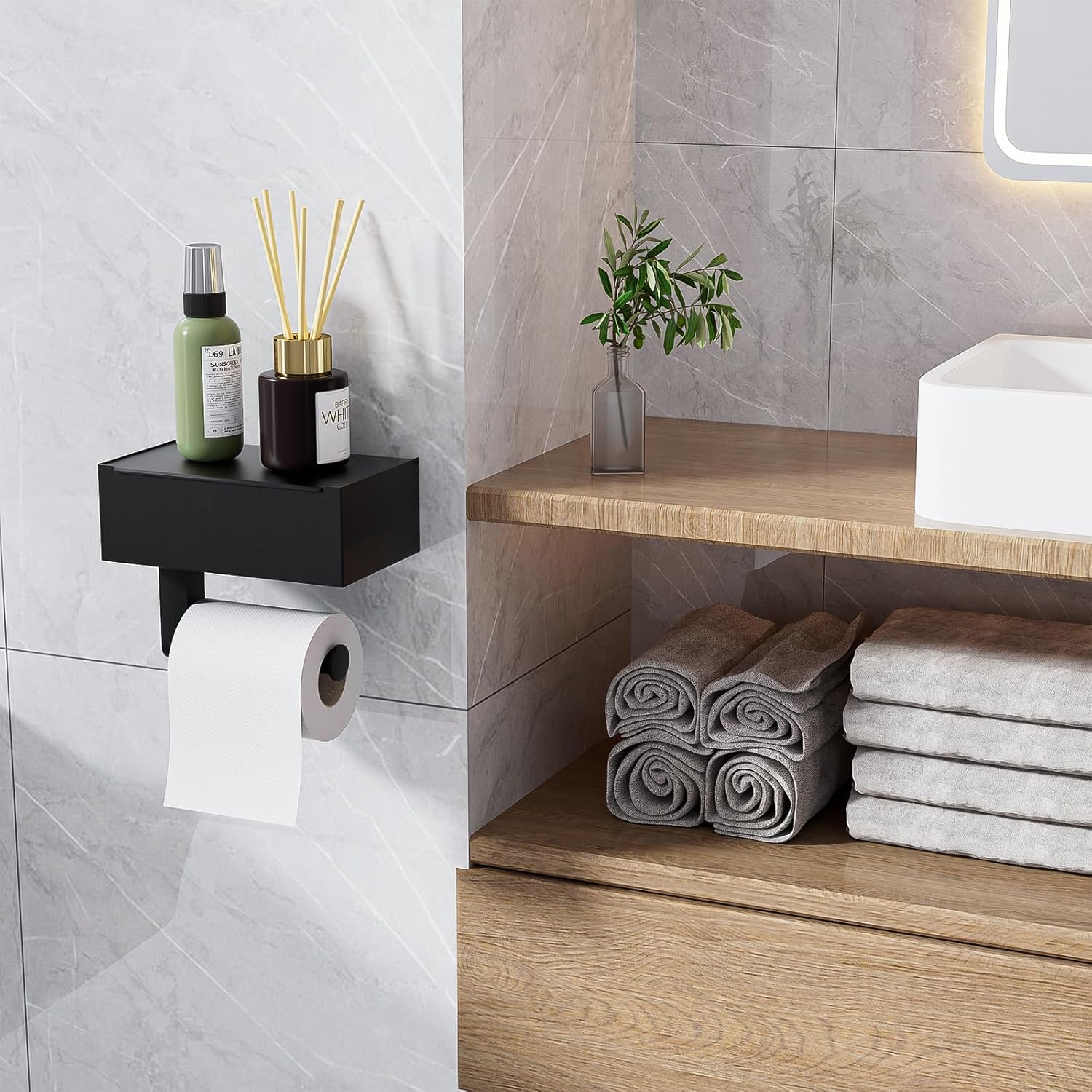 Thumbnail 4 de Heatigo Toilettenpapierhalter Schwarz mit Feuchttücherbox – ohne Bohren oder zum Befestigen, Edelstahl, 20,4 × 14 × 7,3 cm