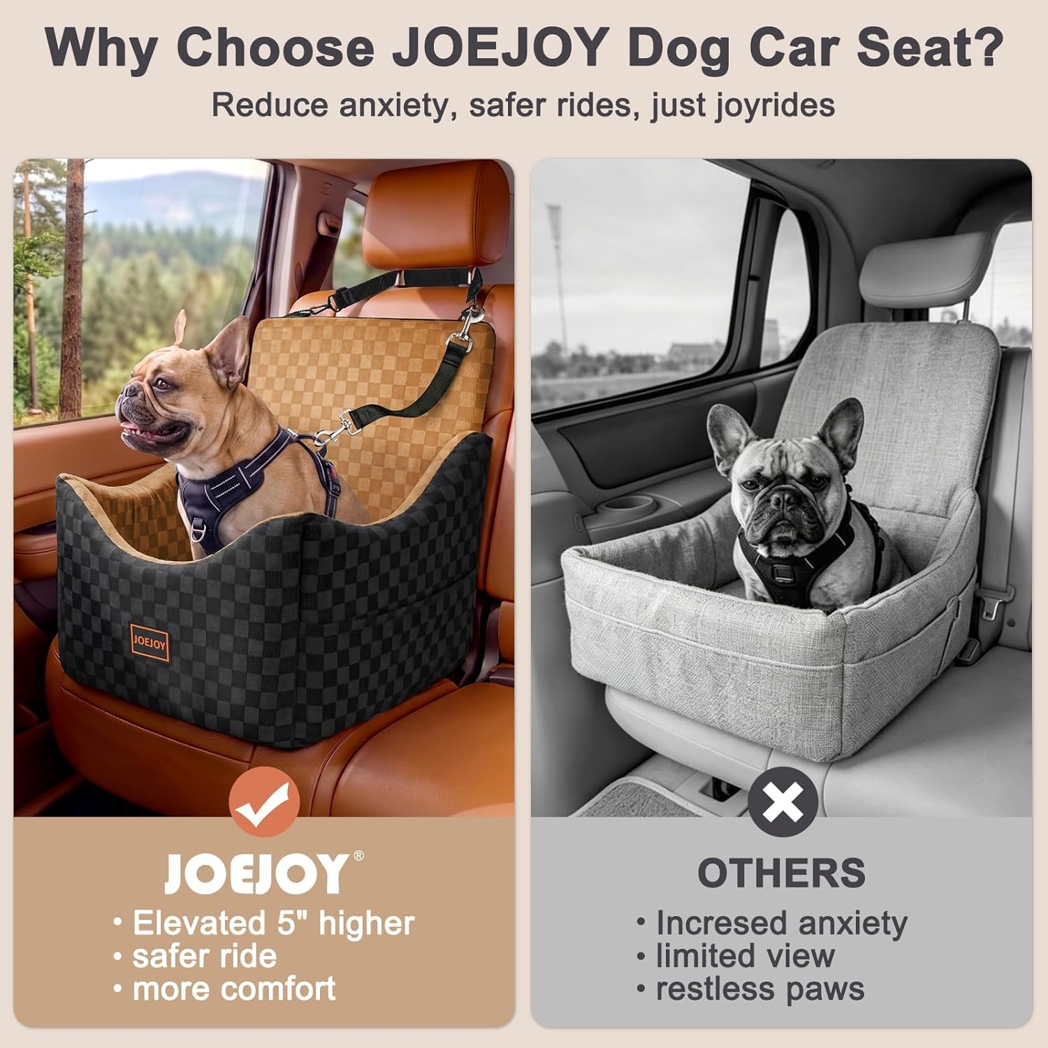 Detalle 2 de JOEJOY PET-BK-001-BN Elevated Dog Car Seat, Memory Foam, Brown