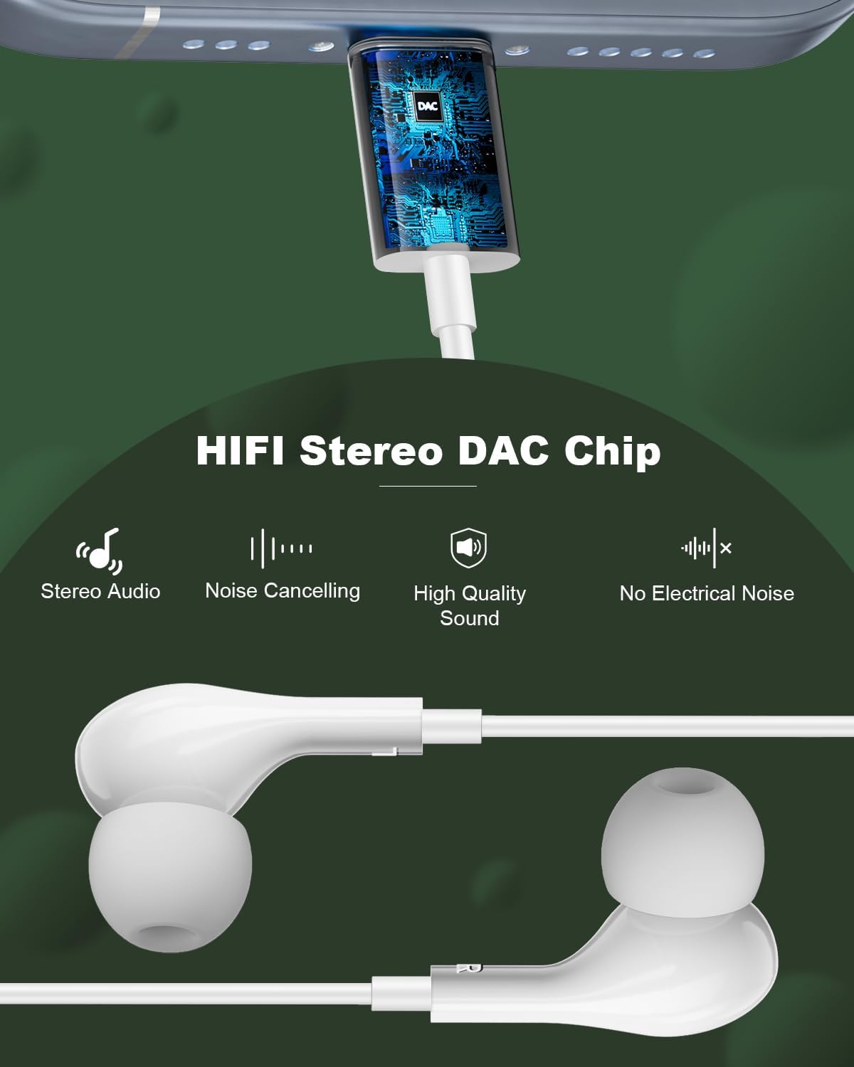Detalle de USB-C Wired Earbuds with Microphone for iPhone, Samsung, Pixel — In-Ear HiFi Audio