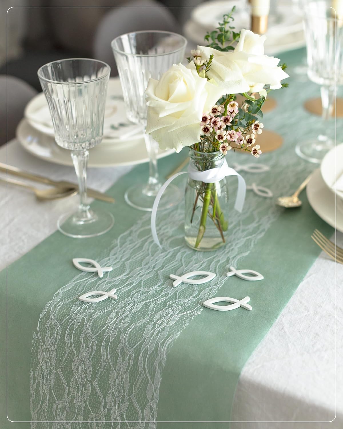 Thumbnail 6 de 100%Mosel Tischläufer-Set Eukalyptusgrün & Weiß mit Vliesbahn (30 cm x 25 m) und Spitzenband (15 cm x 25 m)