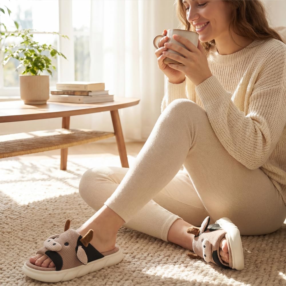 Detalle de Coswind Kuh Hausschuhe für Damen & Herren – warme Winter-Plüschpantoffeln mit rutschfester EVA-Sohle