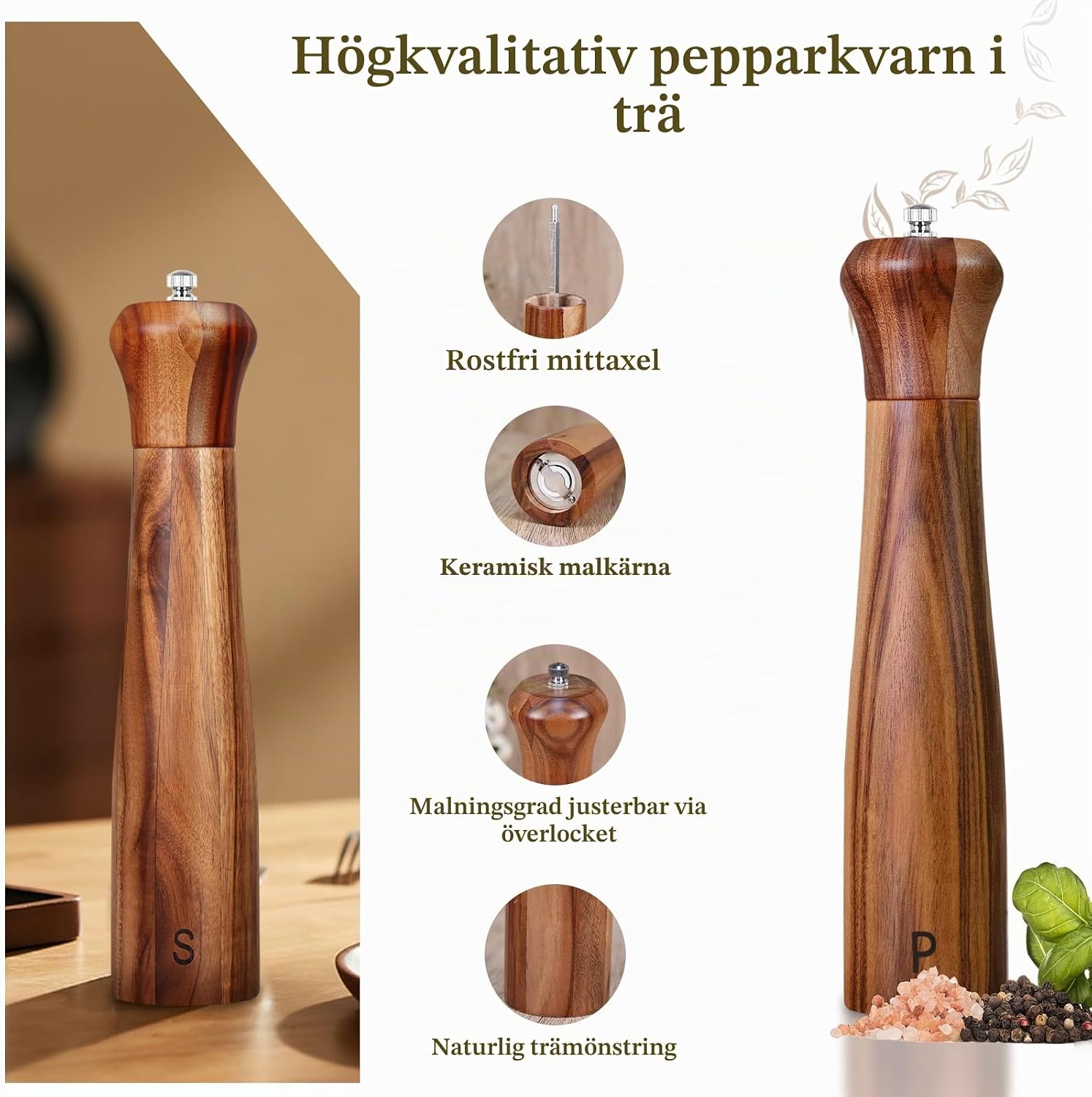 Detalle de Haomacro ZHU-AW-006-10S salt- och pepparkvarnar i akaciaträ, 25,5 cm