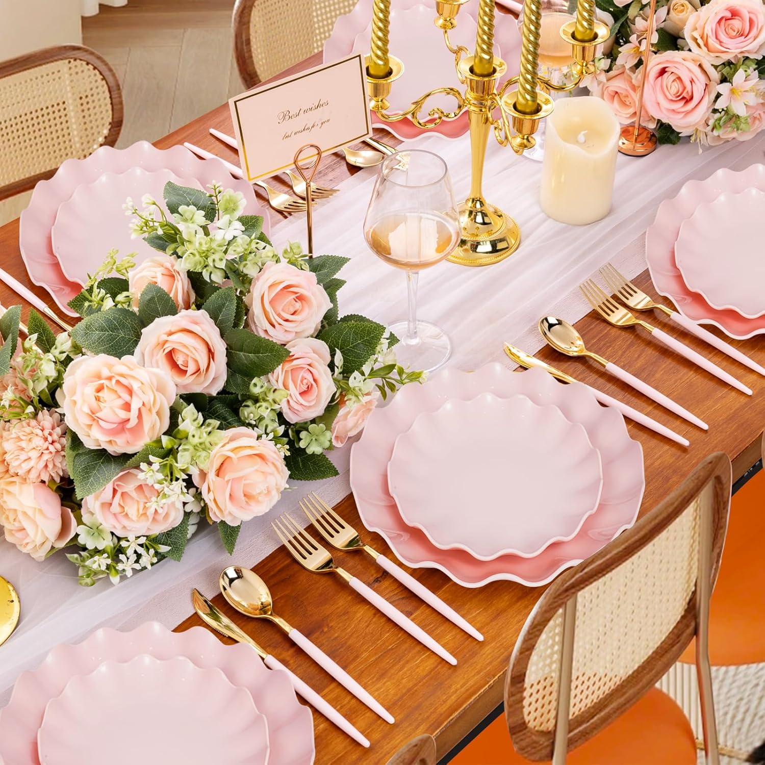 Thumbnail 6 de LIYH 50-Pack Pink Reusable Plastic Plates (25 Dinner + 25 Dessert) — Dishwasher Safe, BPA-Free Wavy Daisy Design