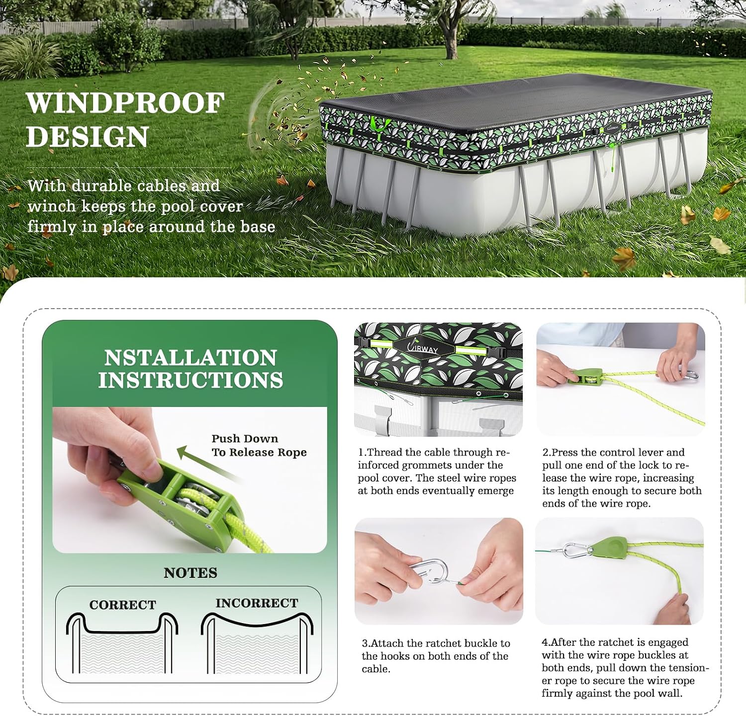 Thumbnail 4 de UIRWAY 16x32FT Rectangle Above-Ground Pool Cover, 200 GSM HDPE, UV Resistant