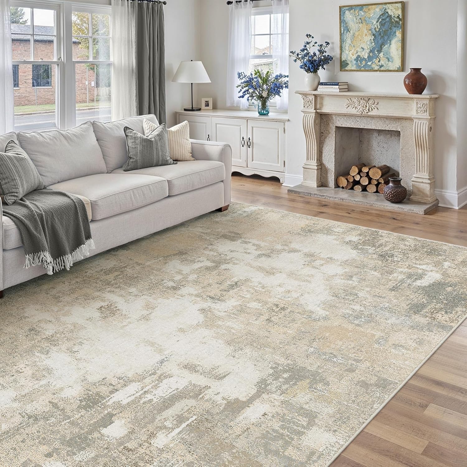Thumbnail 4 de PureCozy Modern Abstract Area Rug 200x300cm (Non-Slip, Washable) – Beige short pile