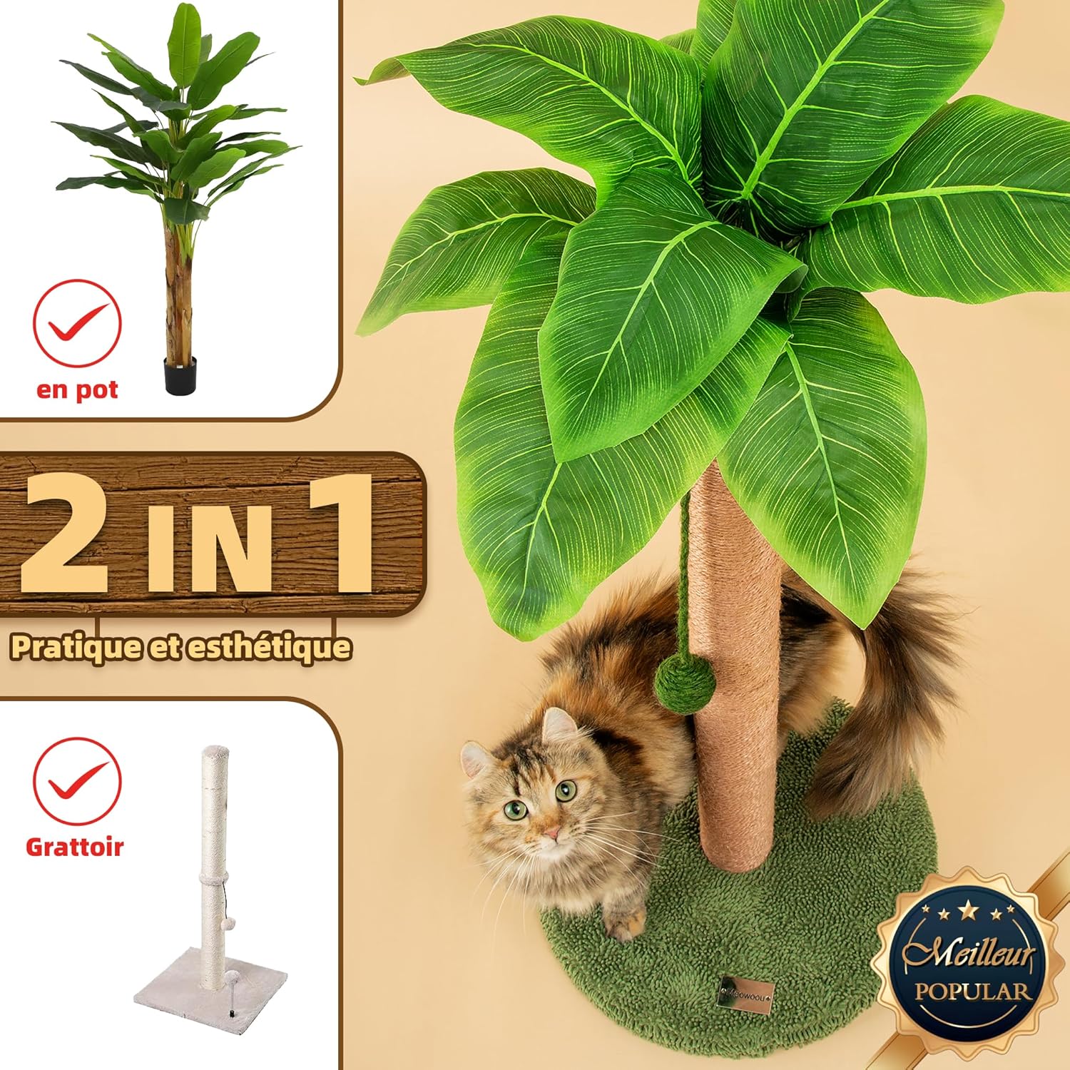 Thumbnail 3 de Meowoou Griffoir pour chat d’intérieur 84 cm avec corde en sisal et balle suspendue