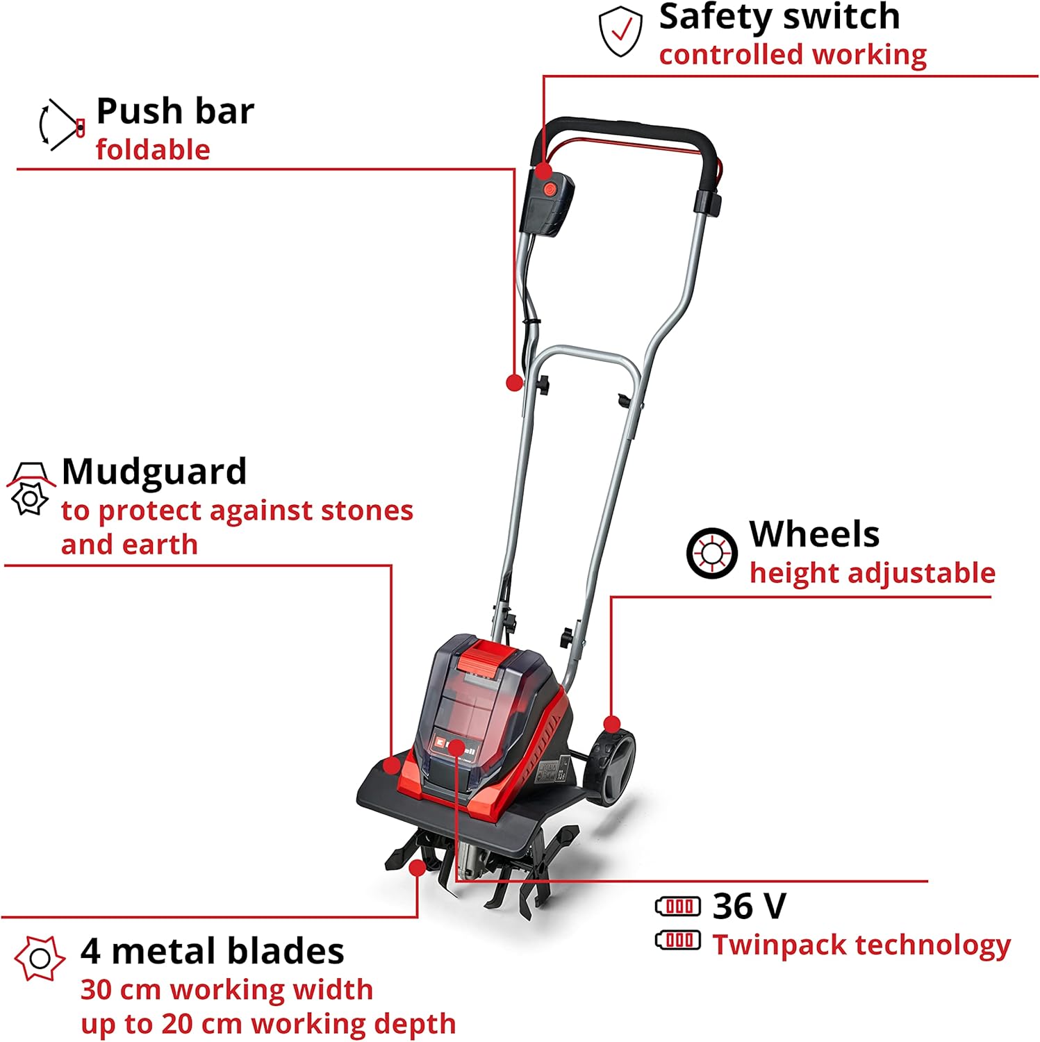 Detalle de Einhell GE-CR 30 Li Power X-Change cordless rotavator (36V, 30cm working width) – tiller solo