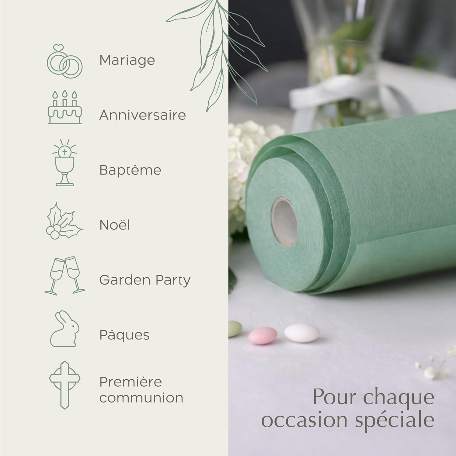 Detalle de Twinzee Chemin De Table Eucalyptus Non Tissé 30 cm x 25 m – Décoration de table polyvalente