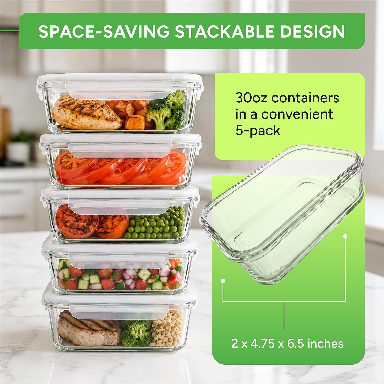 Thumbnail 5 de PrepNaturals 30 oz Glass Meal Prep Containers 5-pack 🍱