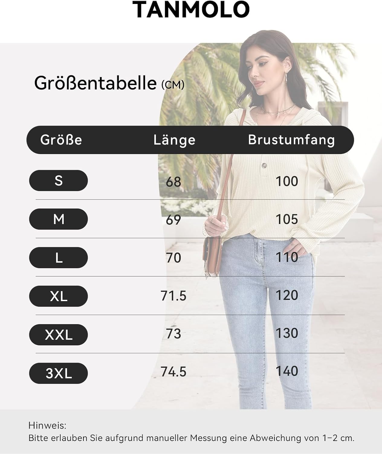 Detalle de Tanmolo Damen Hoodie V-Ausschnitt Kapuzenpullover mit Knopfleiste – leichter Strickpullover