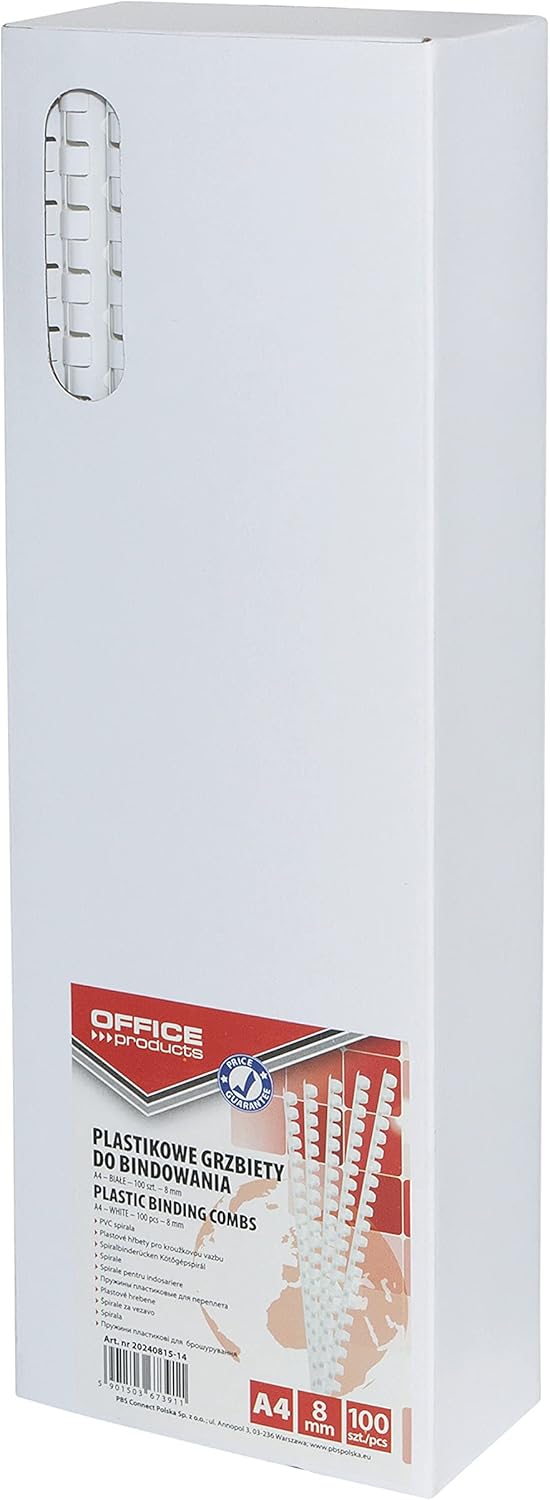 Thumbnail 1 de OFFICE PRODUCTS Plastik-Binderücken 8 mm, DIN A4, weiß – 100 Stück (45 Blatt)