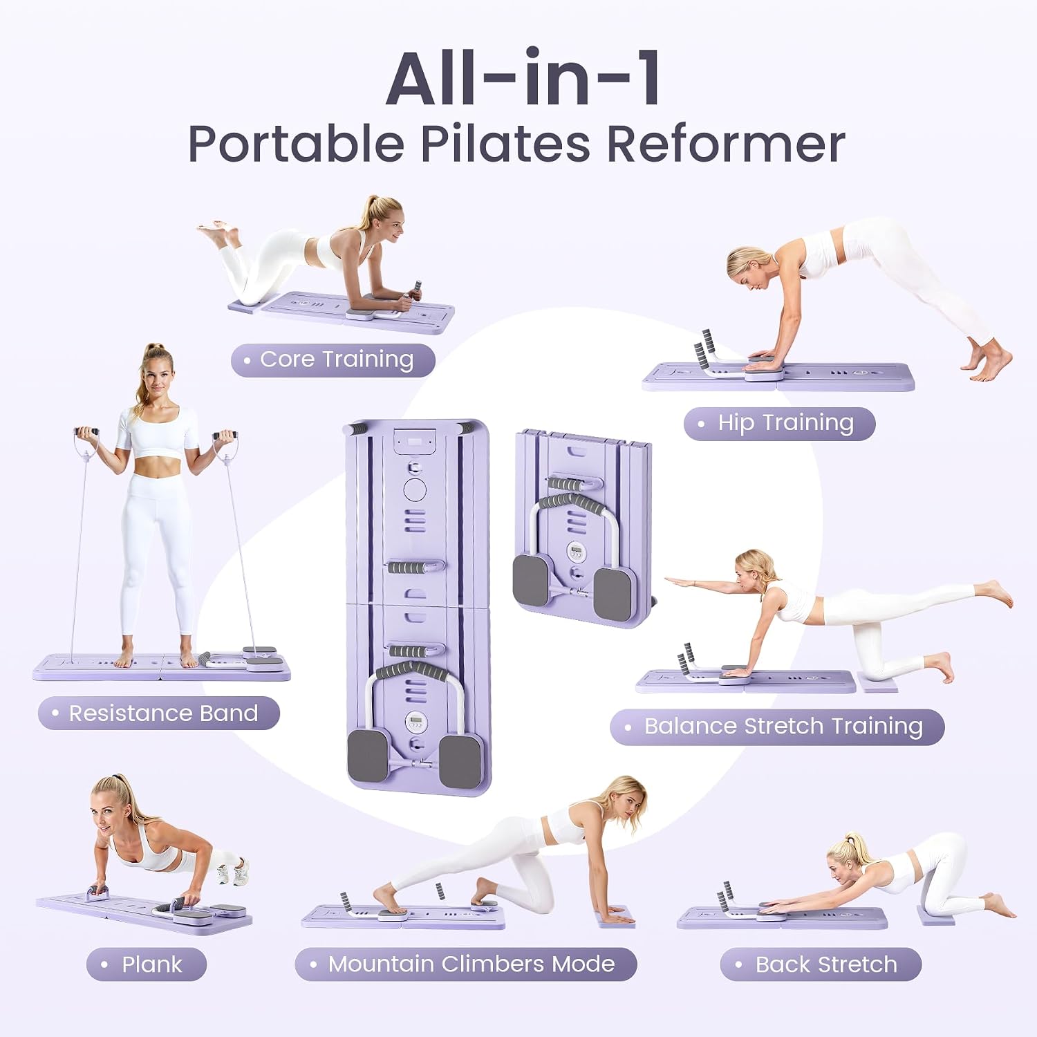Detalle de mustry Pilates Reformer Machine, 5-in-1 Home Trainer with Auto-Rebound