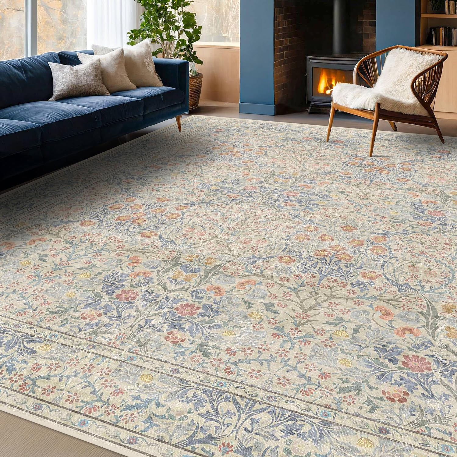 Detalle de 8x10 Washable Rug for Living Room – Vintage Floral, Non-Slip, Low-Pile (Beige/Blue)