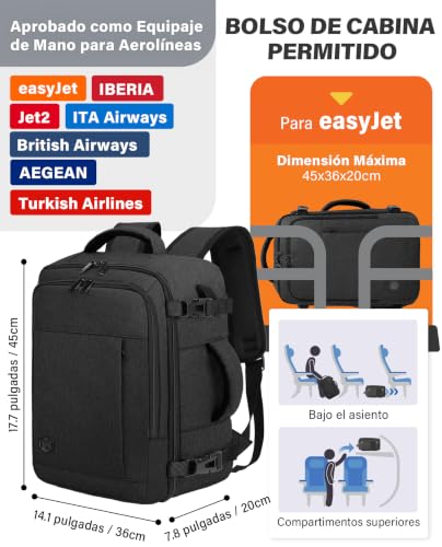Thumbnail 2 de VANKEV Mochila de cabina 45x36x20 cm (30 L) para viajes en EasyJet