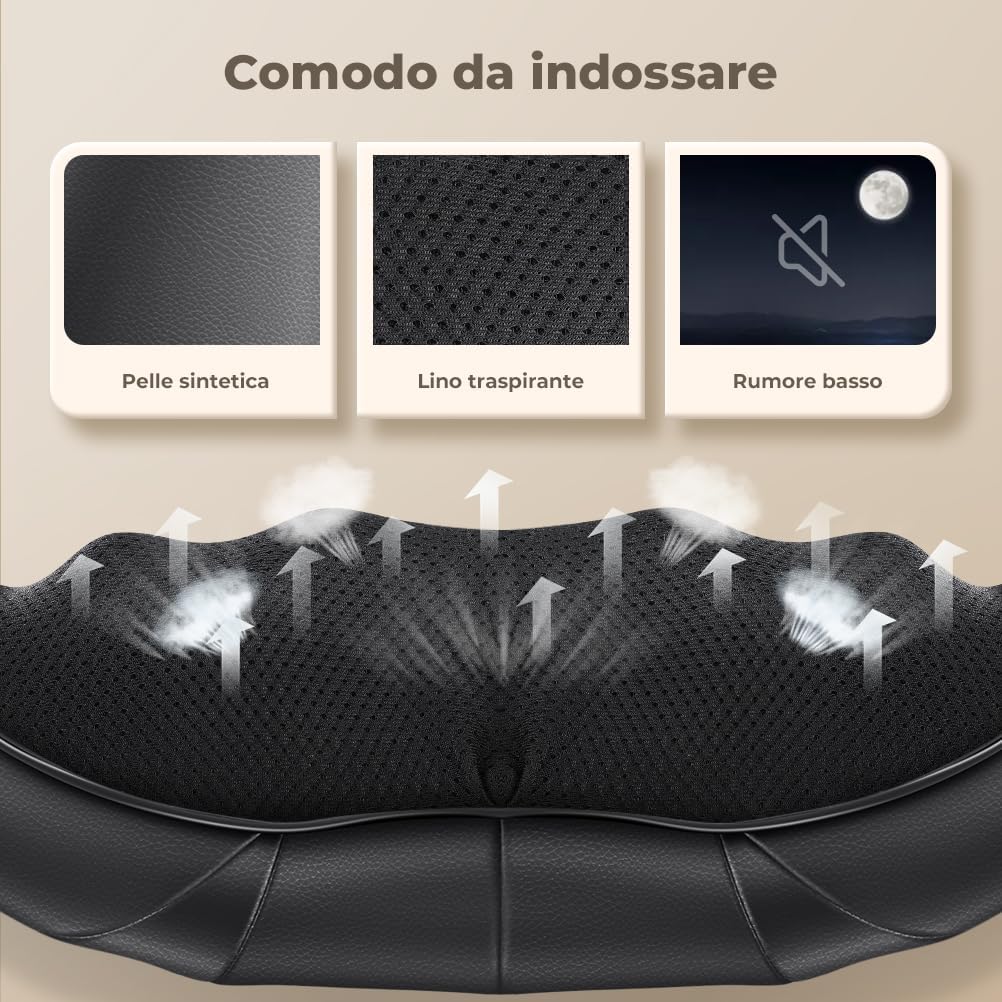Detalle de Massaggiatore cervicale e schiena Shiatsu 4D con 3 velocità e riscaldamento – Nero PU leather