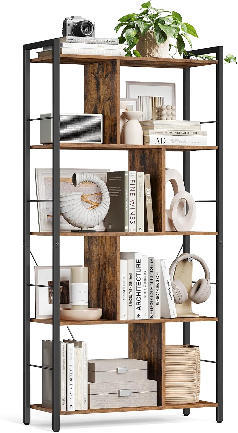 Detalle de VASAGLE BARNET LBC121B01 5-Tier Bookshelf, Steel Frame, Rustic Brown and Black