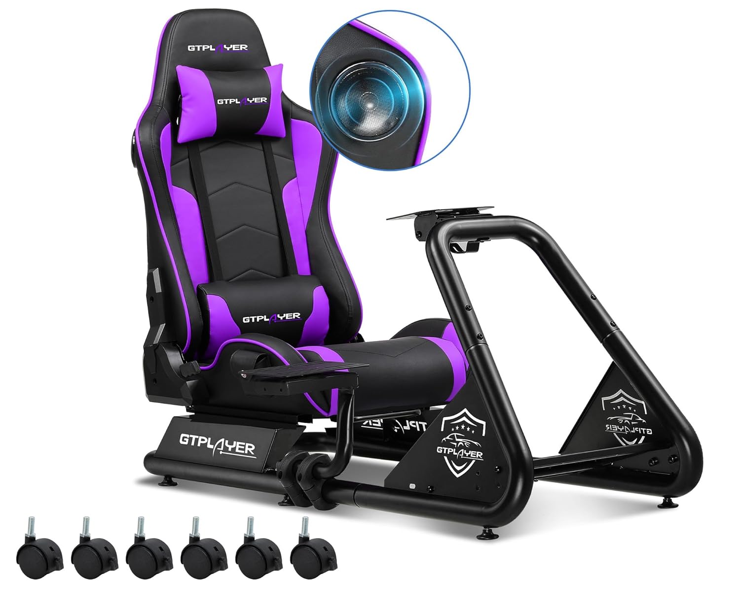 Detalle de GTPLAYER Simulator Cockpit für SIM Racing: Lenkradständer mit Pedalablage und Sitz mit Lautsprechern