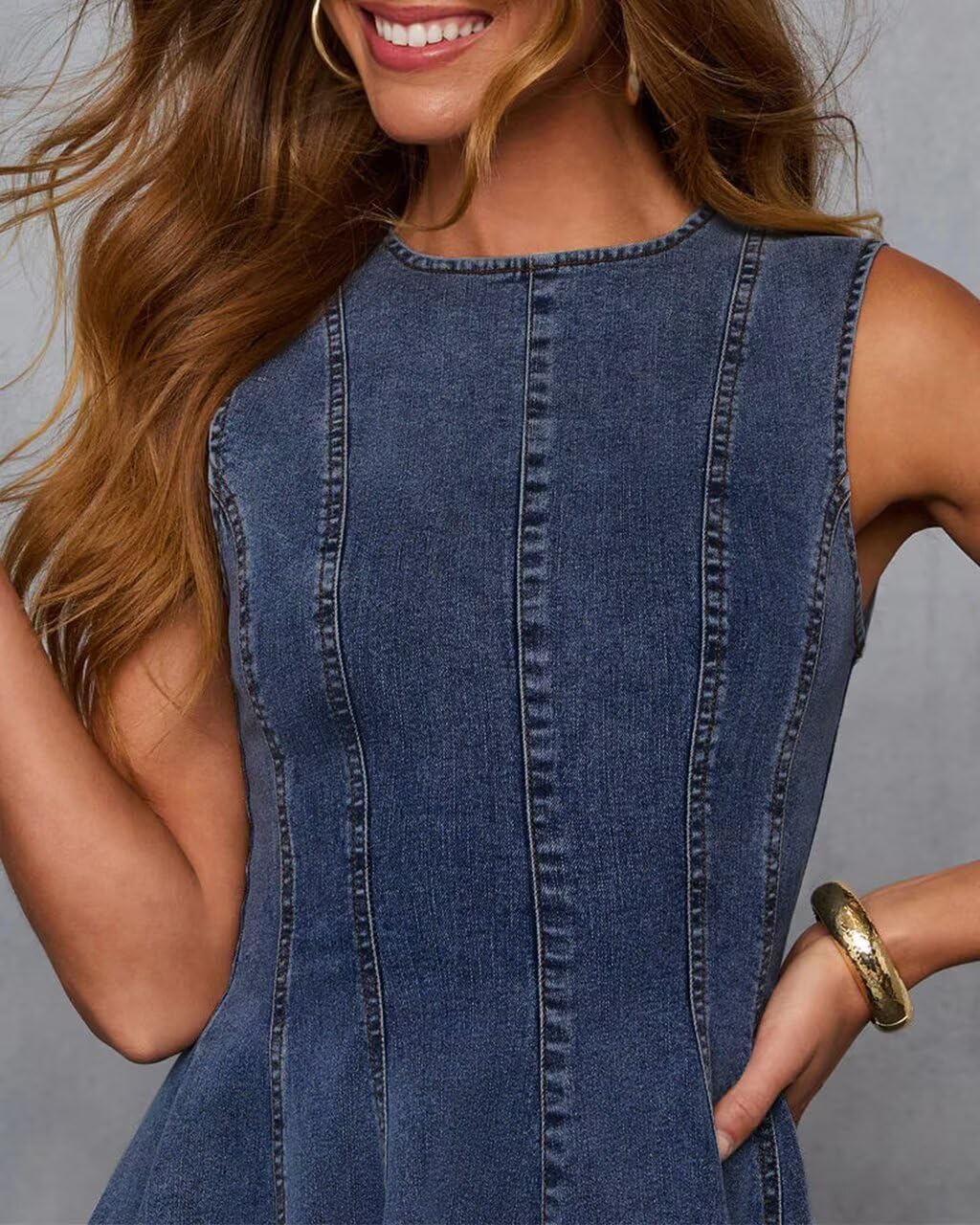 Detalle de KDF Denim Dress for Women — Sleeveless Babydoll Tank, Slim Fit A-Line Summer Dress
