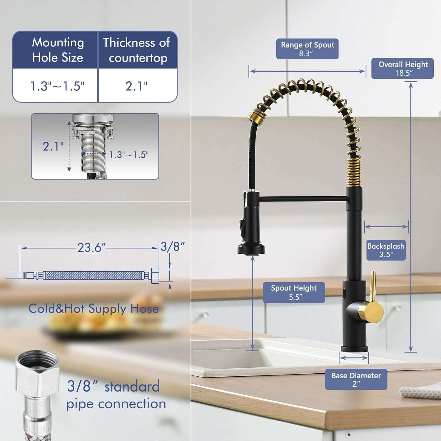 Detalle de GIMILI GM1042BG Touchless Kitchen Faucet, Black and Gold, Pull-Down Sprayer