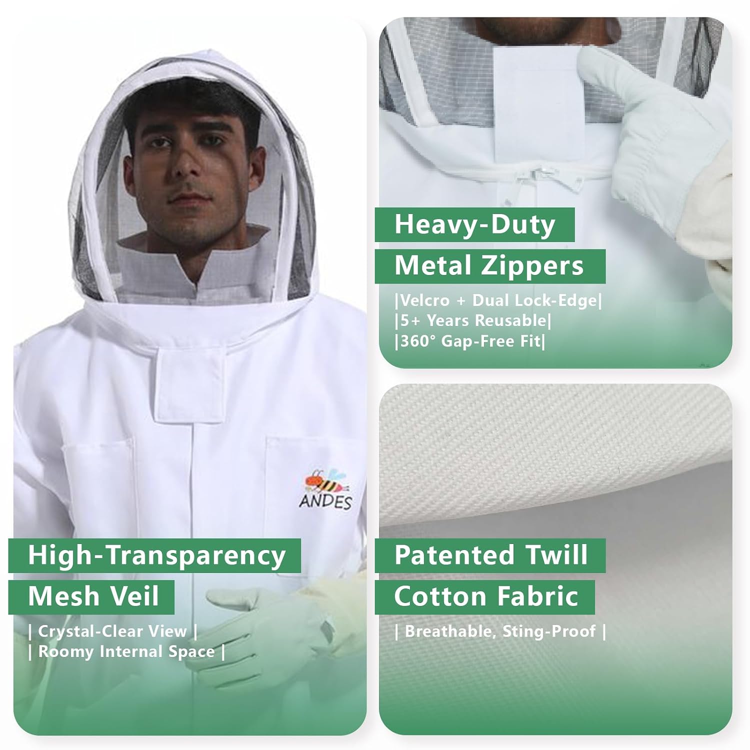 Detalle de ANDES Beekeeping Suit, XX-Large for 6'3"–6'5", Gloves and Fencing Veil