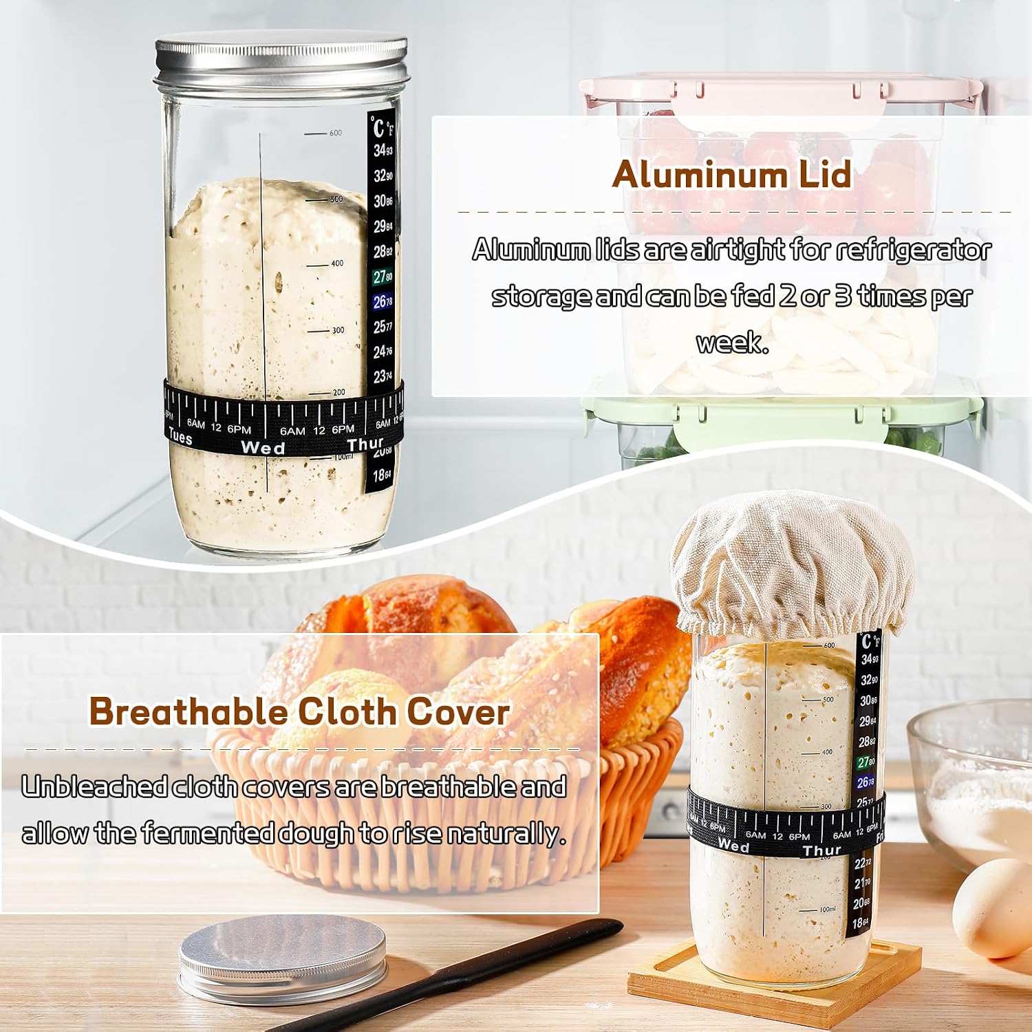Detalle 2 de DWTS DANWEITESI 24 oz Sourdough Starter Jar Kit with Glass Jar and Tools