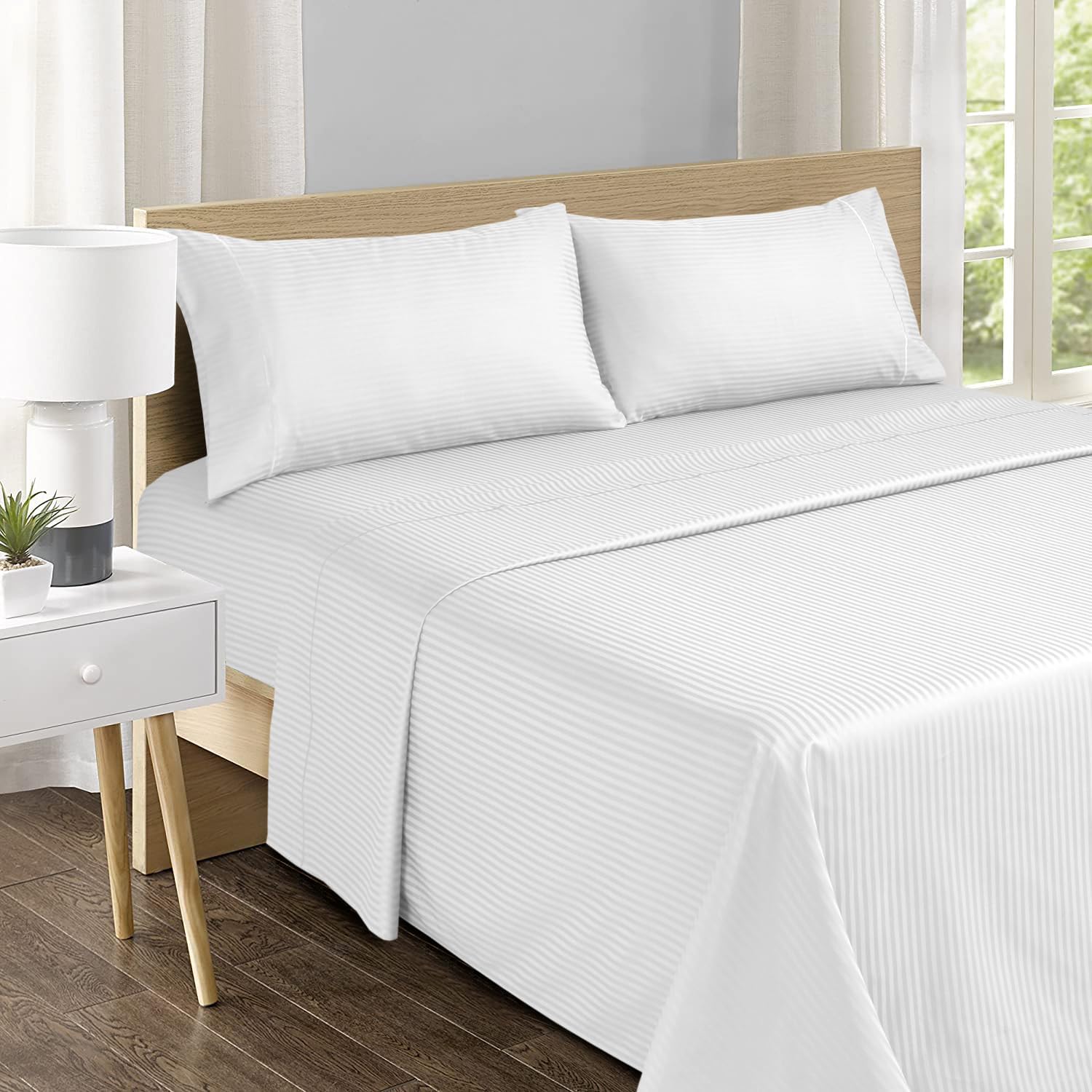Thumbnail 4 de Feather & Stitch 500 TC California King Damask Sheet Set (White Stripe) — 100% Cotton Sateen, 4-Piece