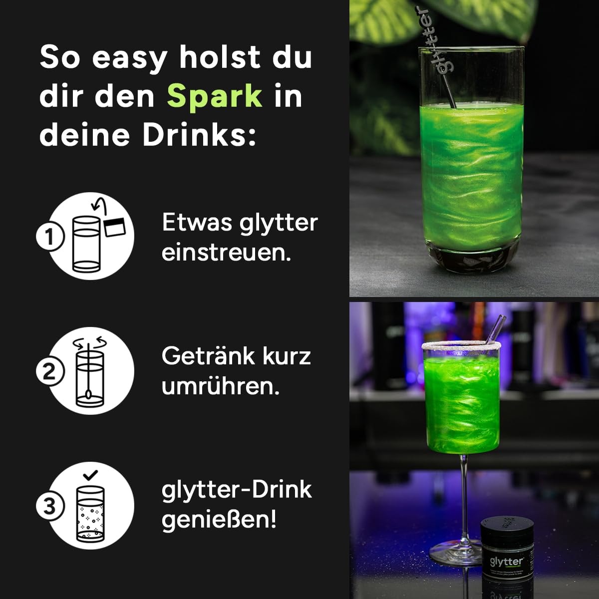 Detalle 2 de Glytter Glitzerpulver Neongrün 100 Getränke 🍹