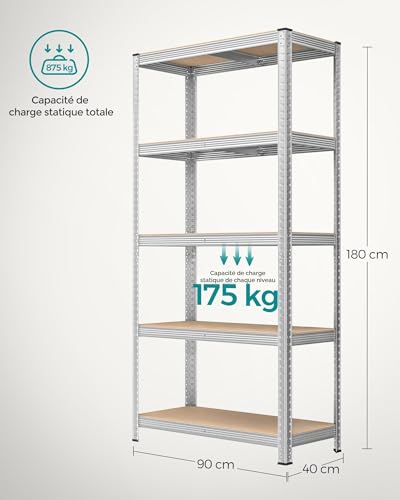 Detalle de SONGMICS Lot de 2 Étagères de Rangement à 5 Niveaux, 40 x 90 x 180 cm, Capacité 875 kg, Planches Réglables – Style Industriel, GLR040E02