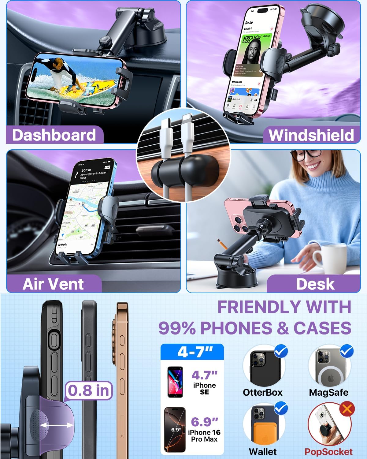 Detalle de HTU 5-in-1 Car Phone Mount, Purple, with 360° Rotating Suction Base