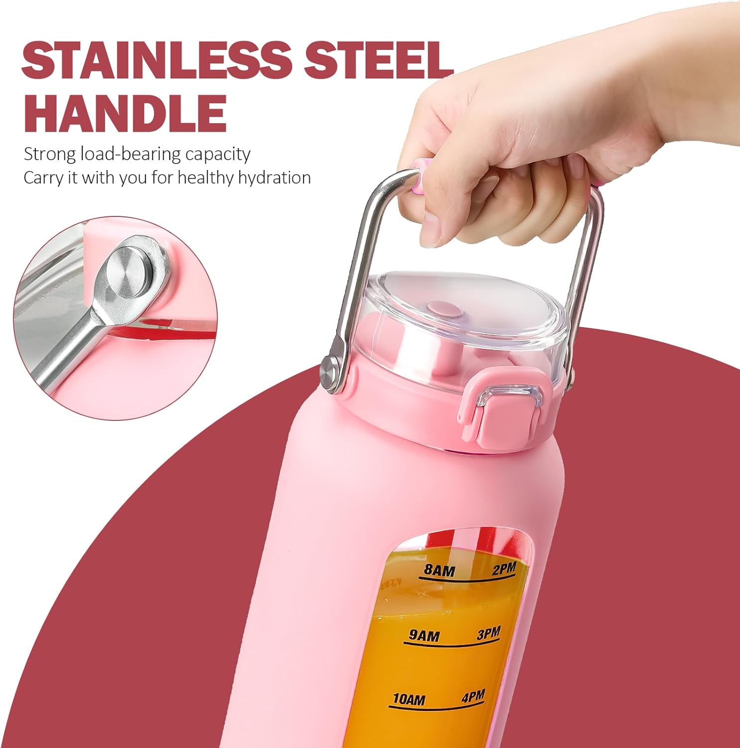 Thumbnail 5 de BLUEGO 2000ml Borosilicate Glass Water Bottle with Stainless Handle, Time Marker and Straw (Pink)
