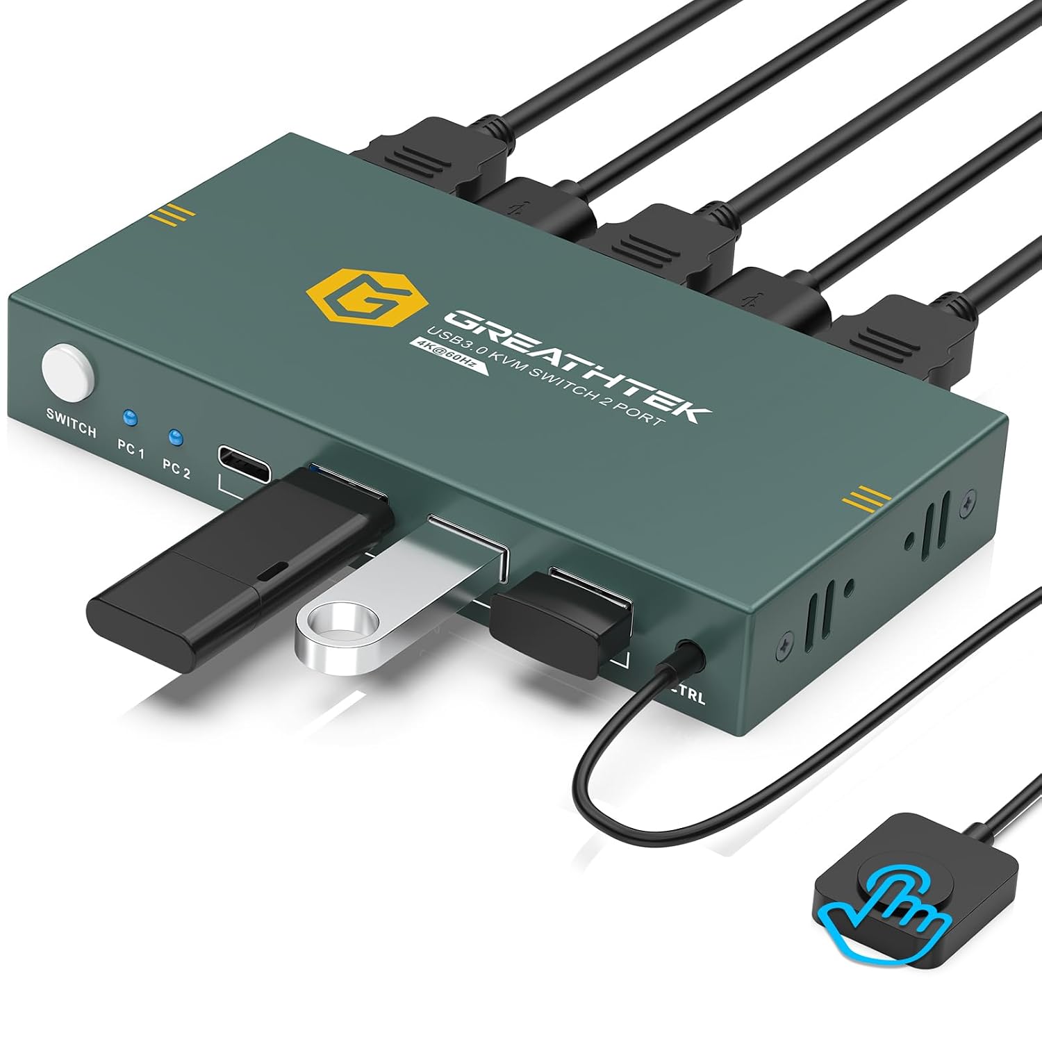 Detalle de USB3.0 HDMI KVM Switch 2 PC 1 Monitor – 4K@60Hz, 3x USB 3.0 + USB-C, adaptives EDID