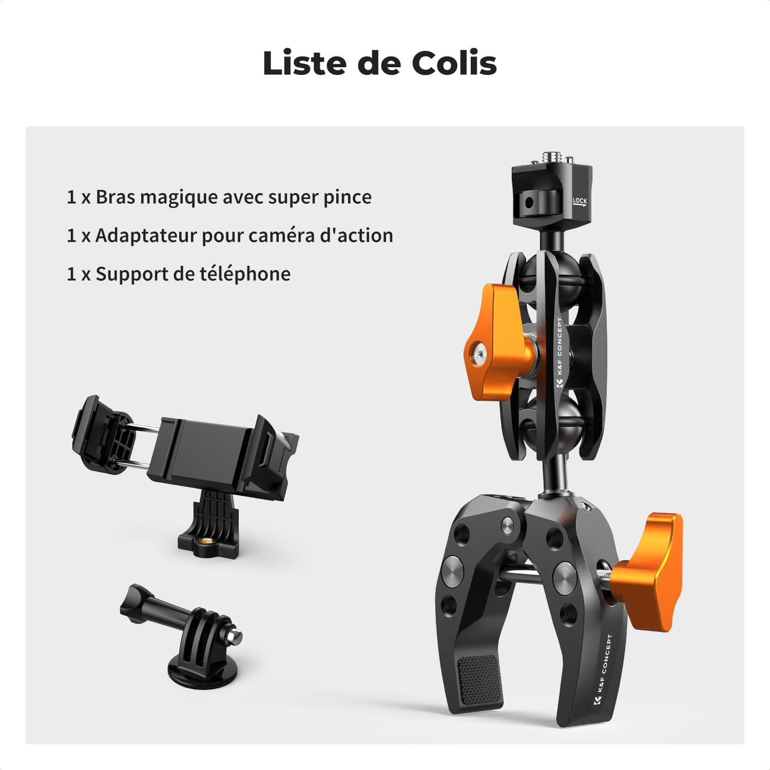 Thumbnail 6 de K&F CONCEPT Bras Magique + Super Clamp à rotule 360° M13 (filetage 1/4" + adaptateur GoPro/clip téléphone)
