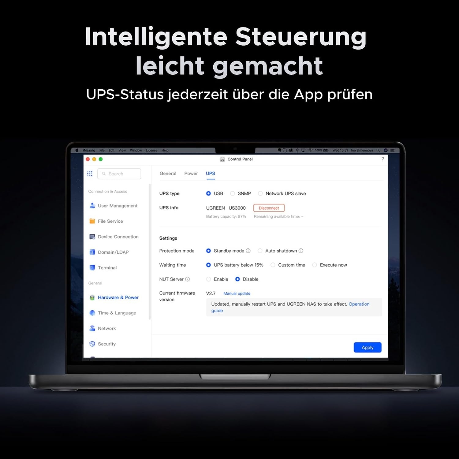 Detalle de UGREEN NASync US3000 120W NAS-USV: Überspannungsschutz mit App-Steuerung
