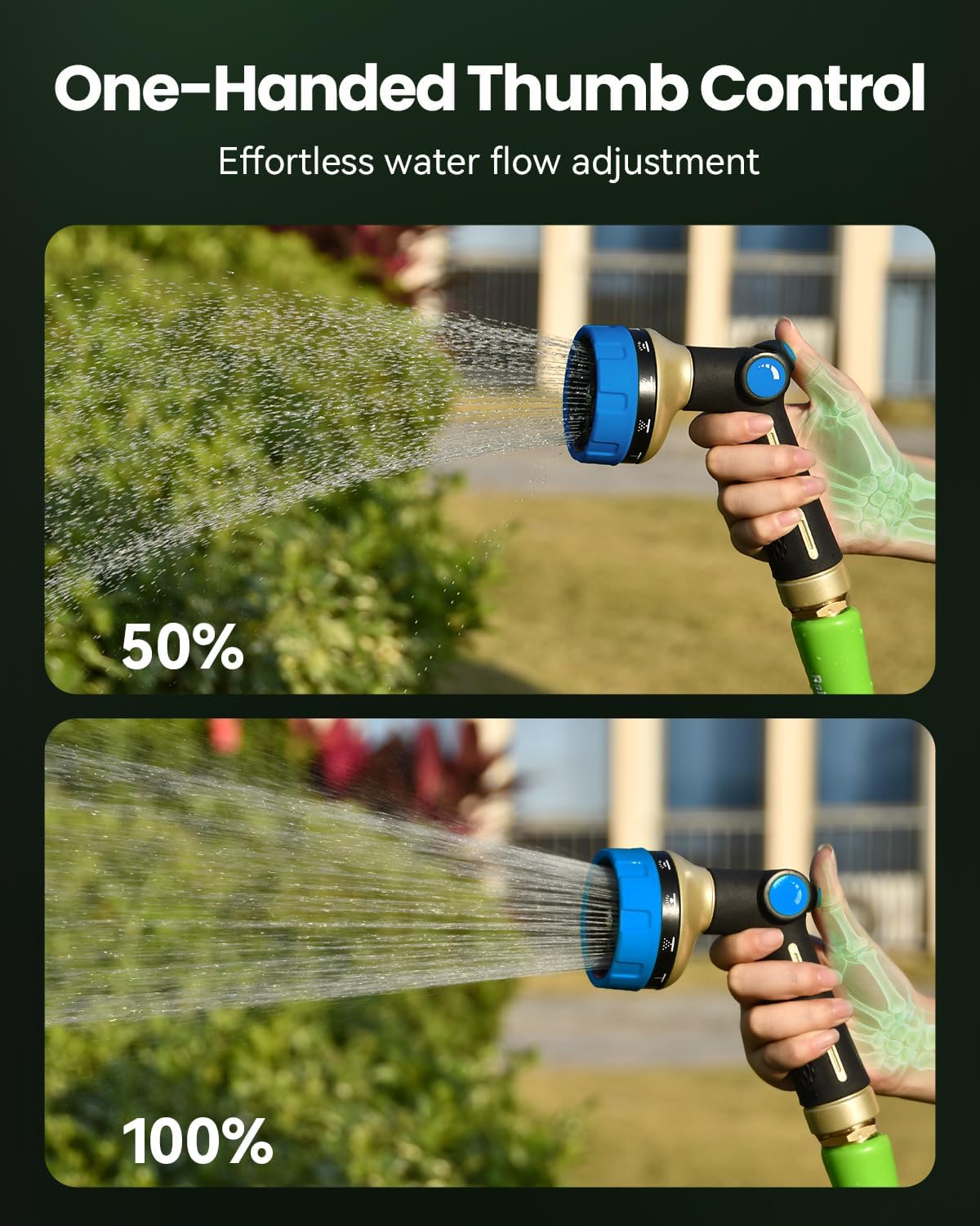 Detalle de RAINPOINT all-metal hose pipe spray gun with thumb flow control and 10 spray patterns (blue)