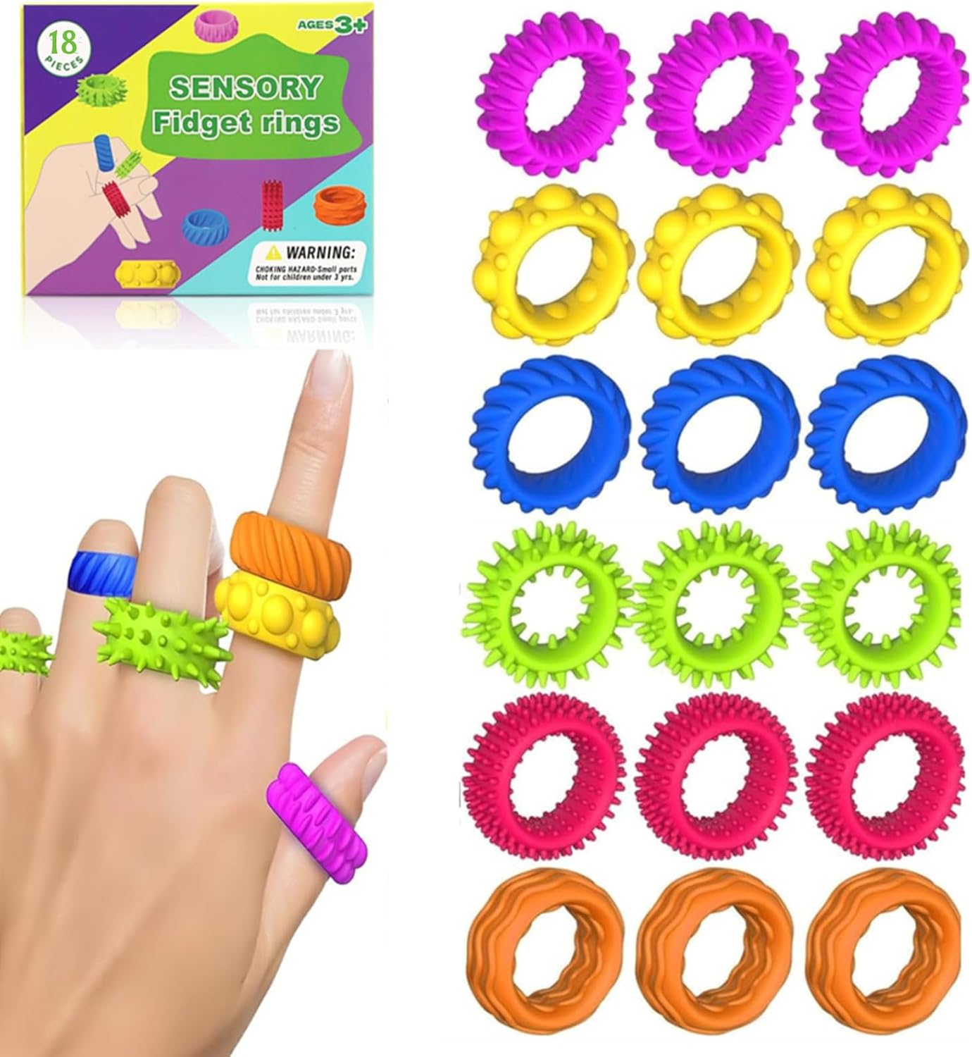 Detalle de JoyJoyful Fidget Ring Toys – 18 Stück sensorische Zappelringe zur Beruhigung für Kinder und Erwachsene