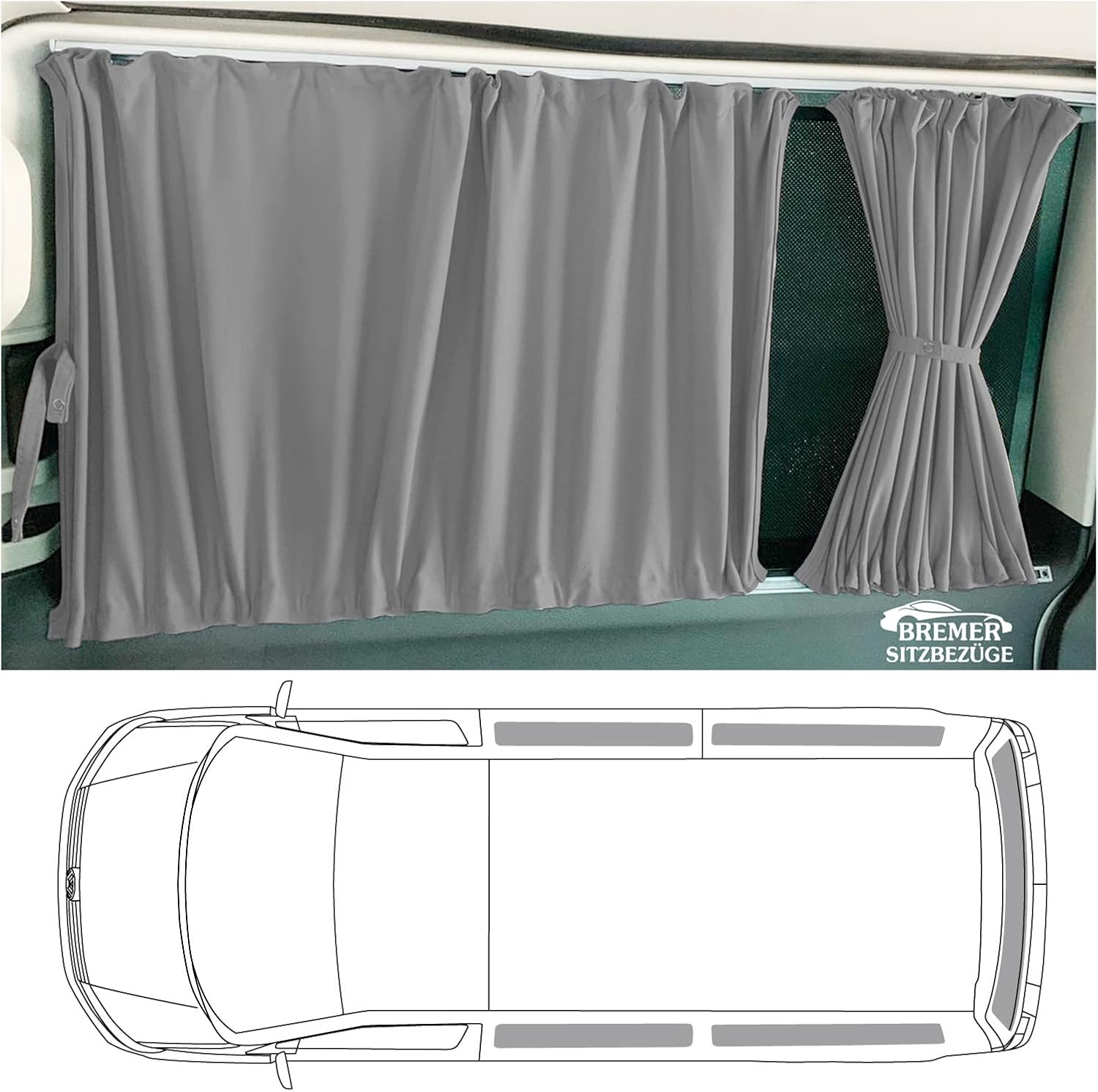 Detalle de BREMER SITZBEZÜGE Maß Gardinen Vorhänge Sonnenschutz Grau für Mercedes Vito/Viano W639 (2003–2014) – Gardinen-Set 703