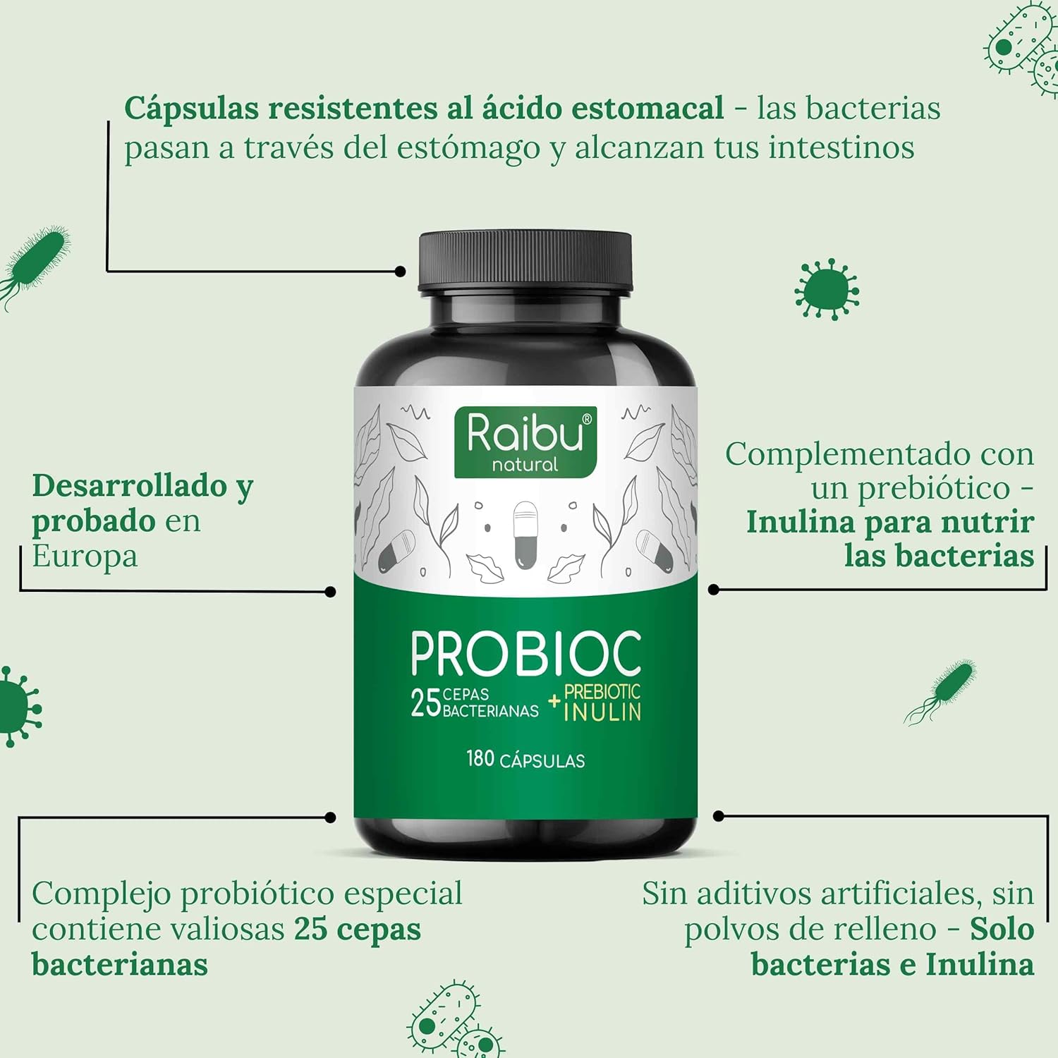 Thumbnail 2 de Probióticos y prebióticos intestinales – 180 cápsulas, 25 cepas 🌱