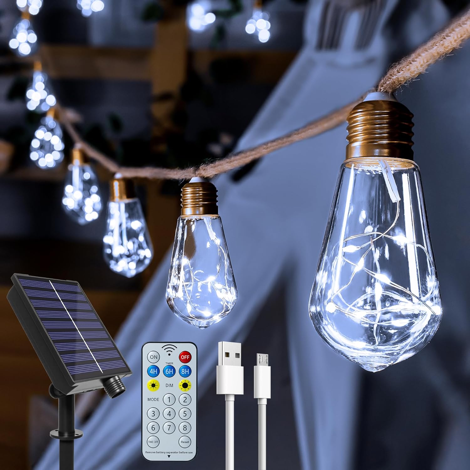 Detalle de Ollny 6m Hemp Rope Festoon Lights with 16 S17 Bulbs, 160 LEDs, Remote, Timers and Modes – Purple & Orange