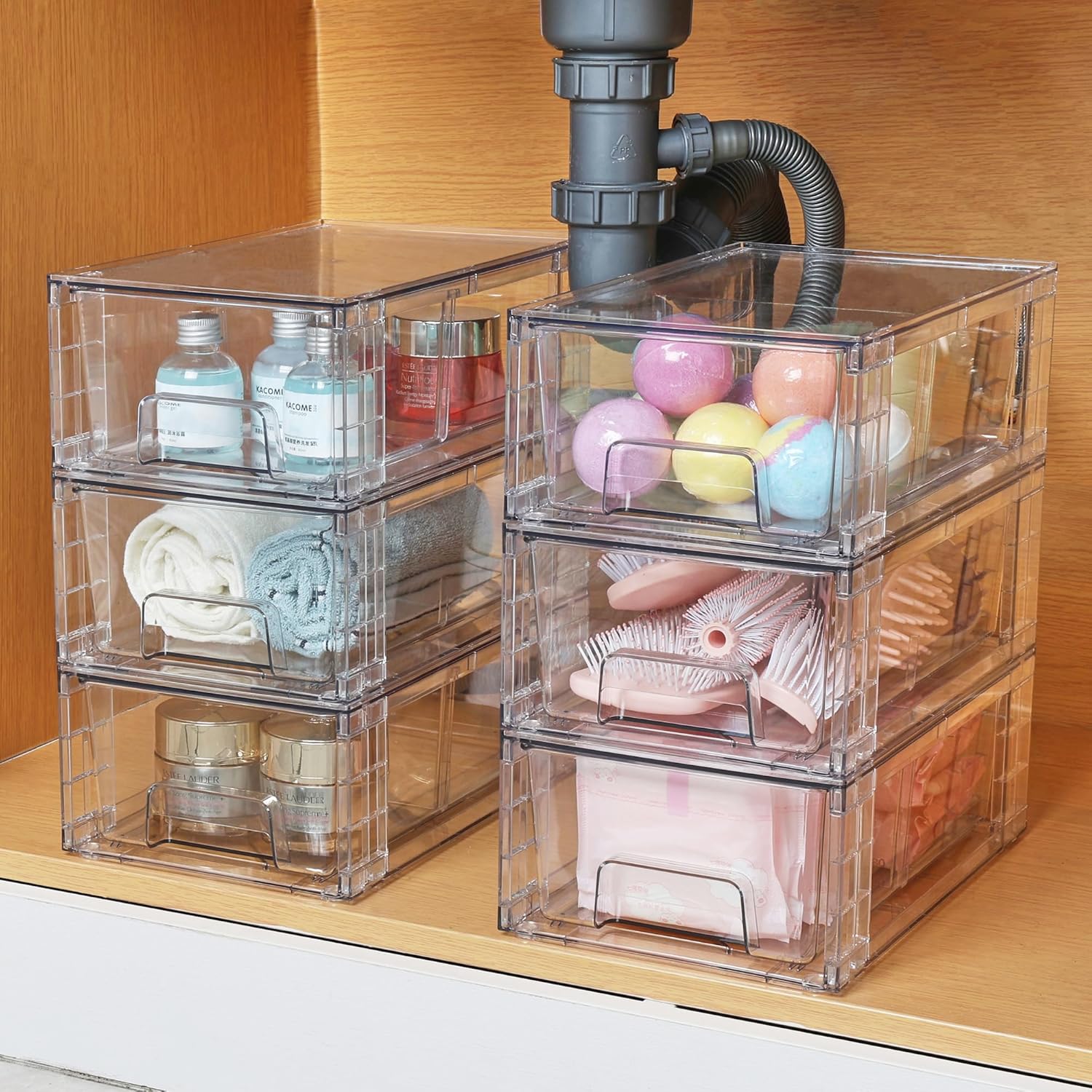 Detalle 2 de Vtopmart 6 Stücke Transparente Schubladenboxen – Stapelbar, mit Trennwänden, ideal für Kühlschrank, Bad und Speisekammer