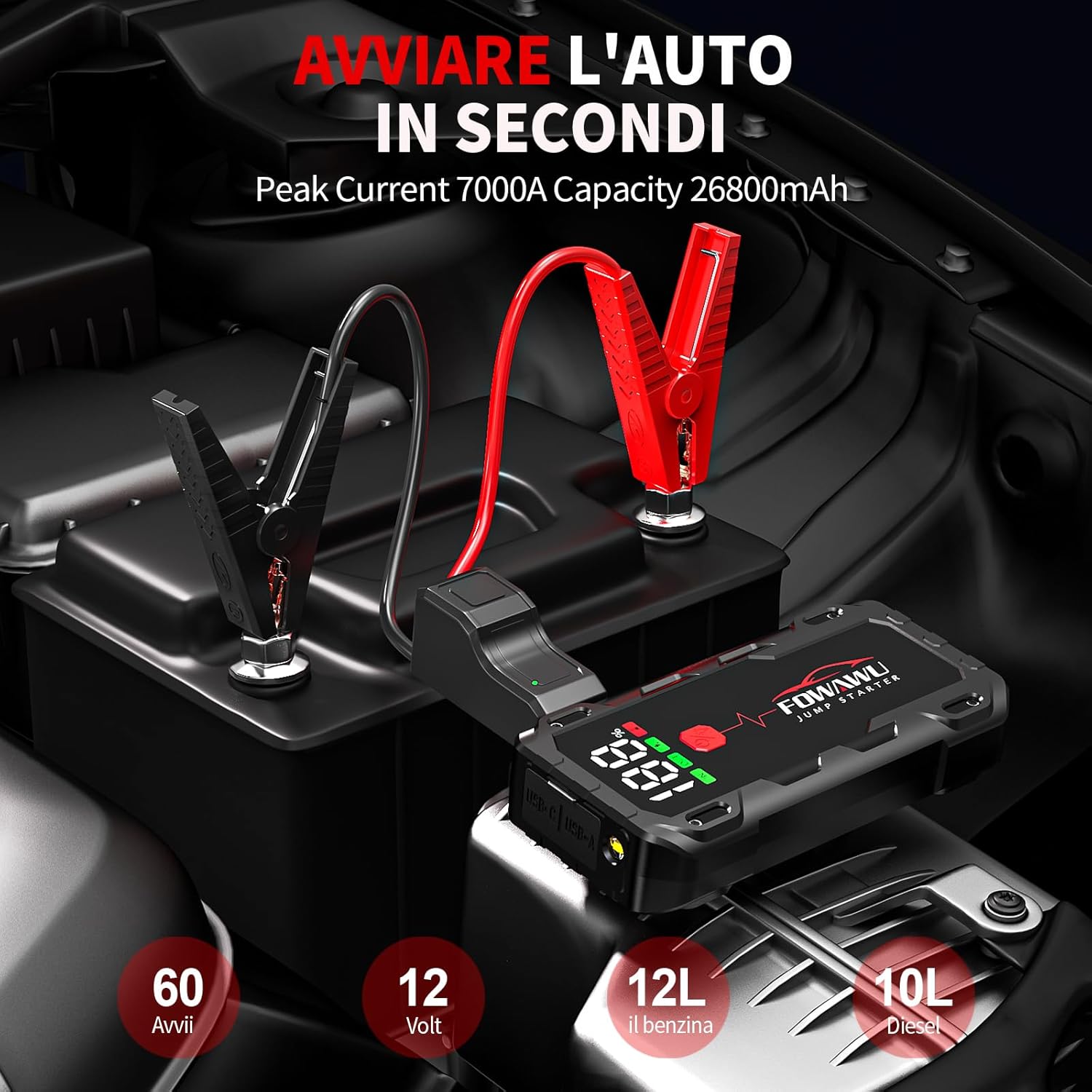 Detalle 2 de FOWAWU 7000A Avviatore Batteria Auto: Powerbank di Emergenza 26800 mAh per Auto/Moto con Sicurezza Intelligente