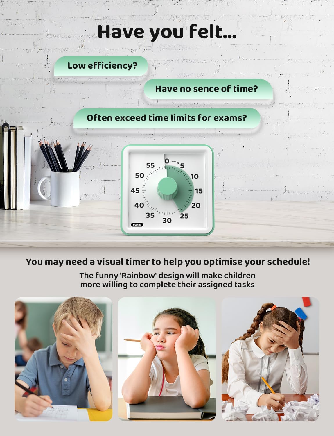 Detalle de LIORQUE Visual Timer for Kids – 60 Minute Countdown Timer with Silent Operation for Classrooms & Cooking